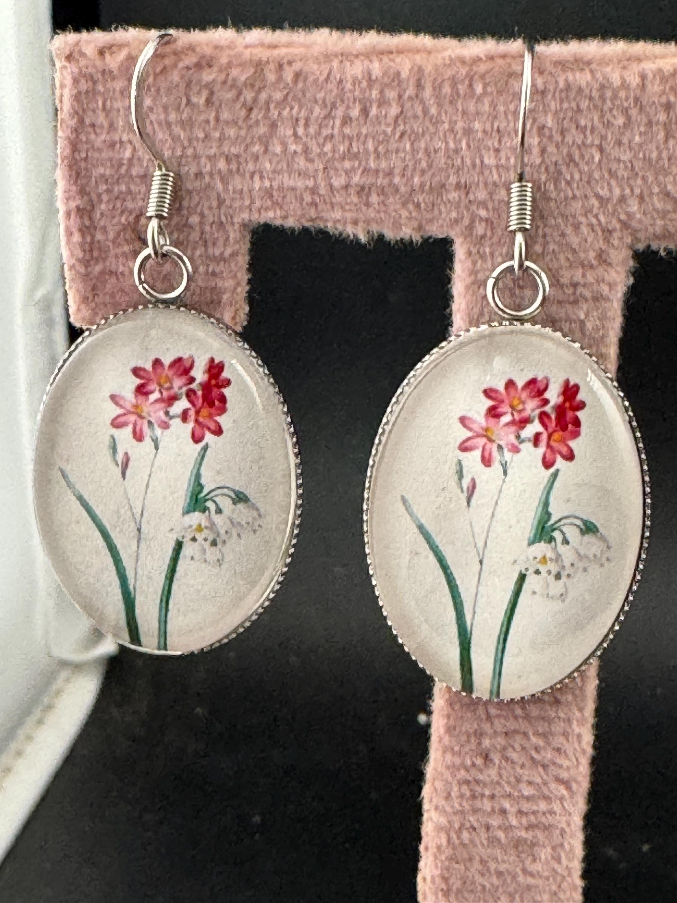 Pink and red garden flowers handmade oval glass cabochon earrings, stainless steel, non tarnish earwires and fittings, ideal spring summer
