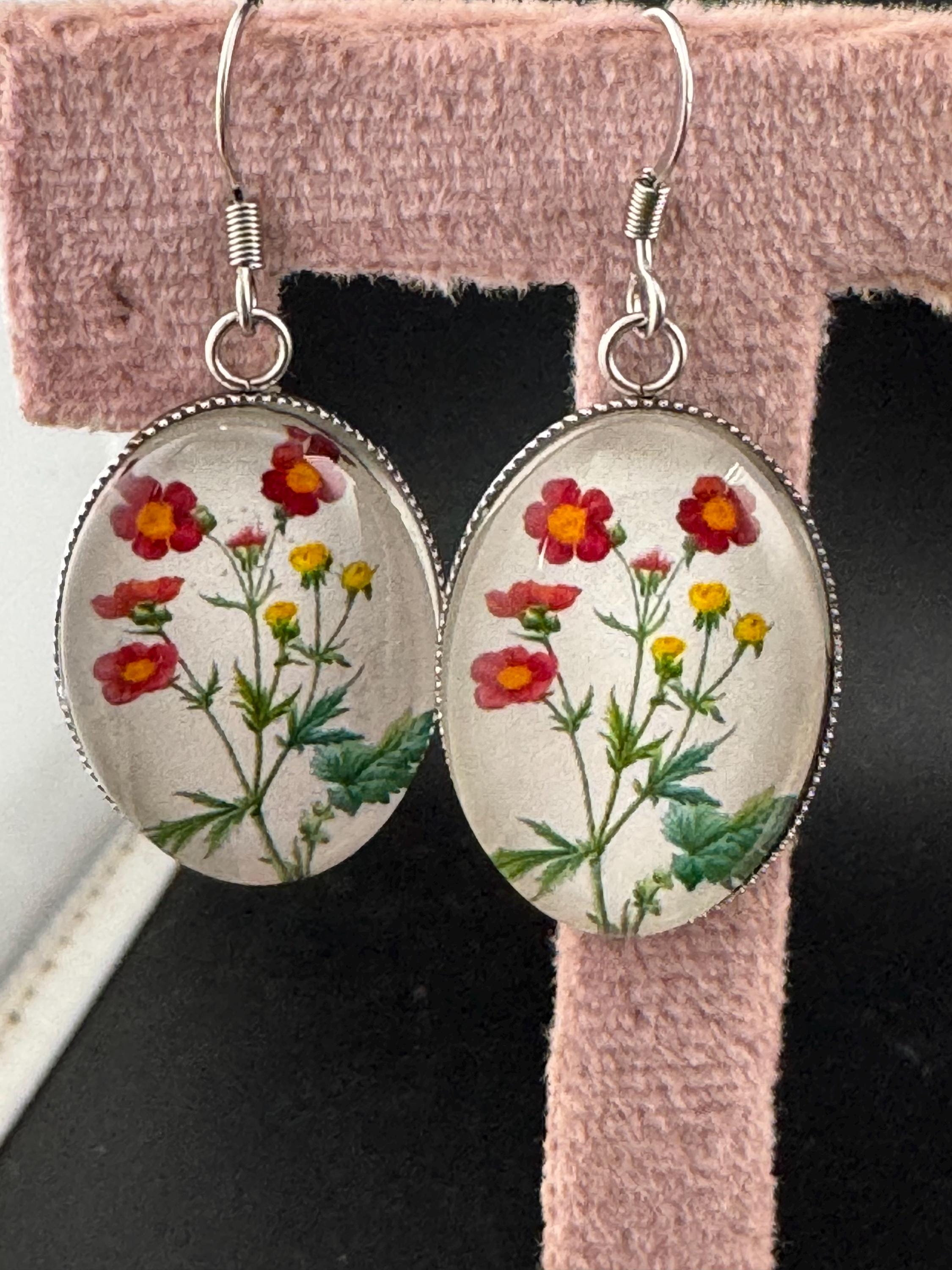 Handmade Floral Glass Cabochon Earrings: Stainless Steel, Spring Summer