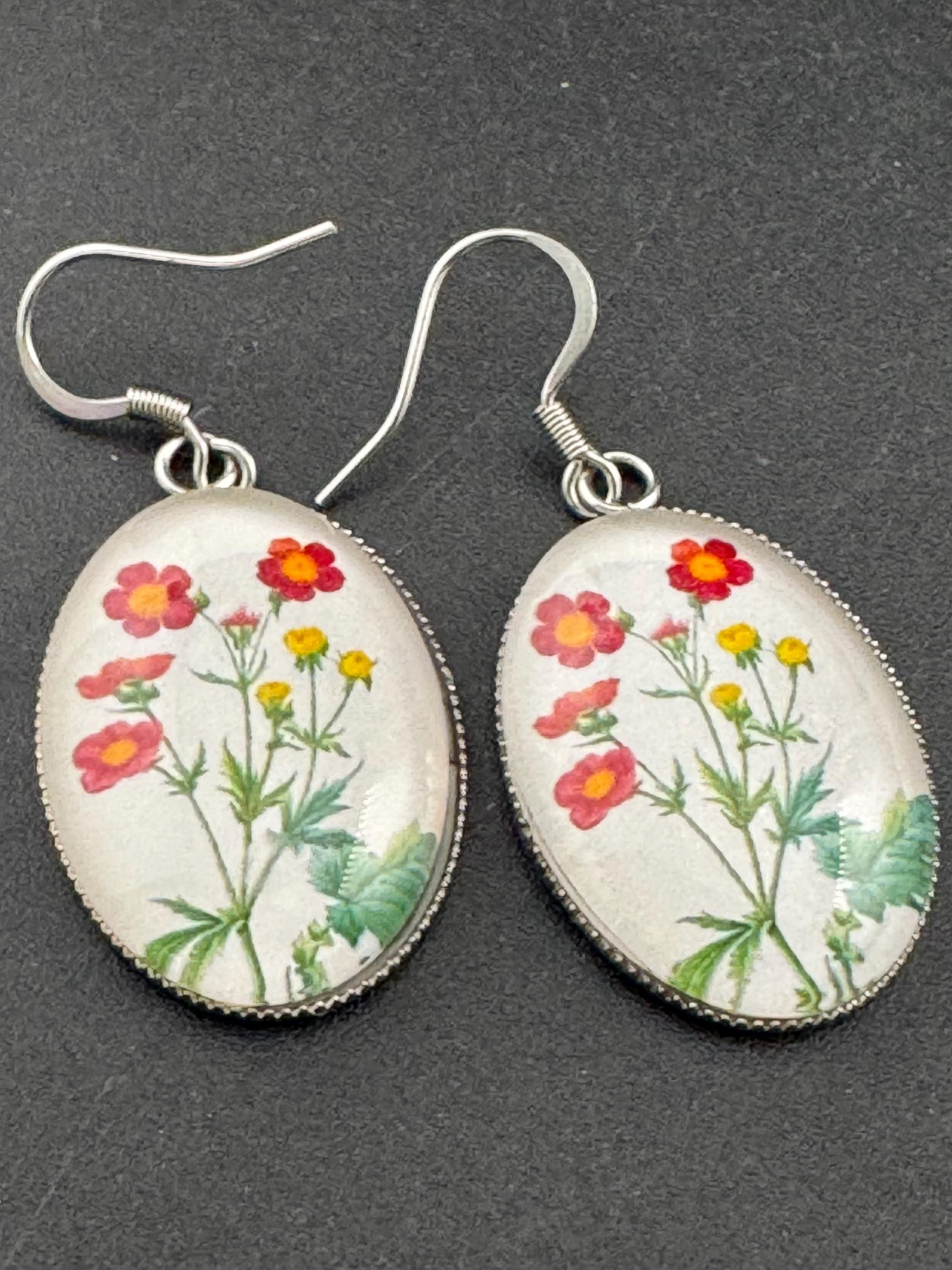 Handmade Floral Glass Cabochon Earrings: Stainless Steel, Spring Summer