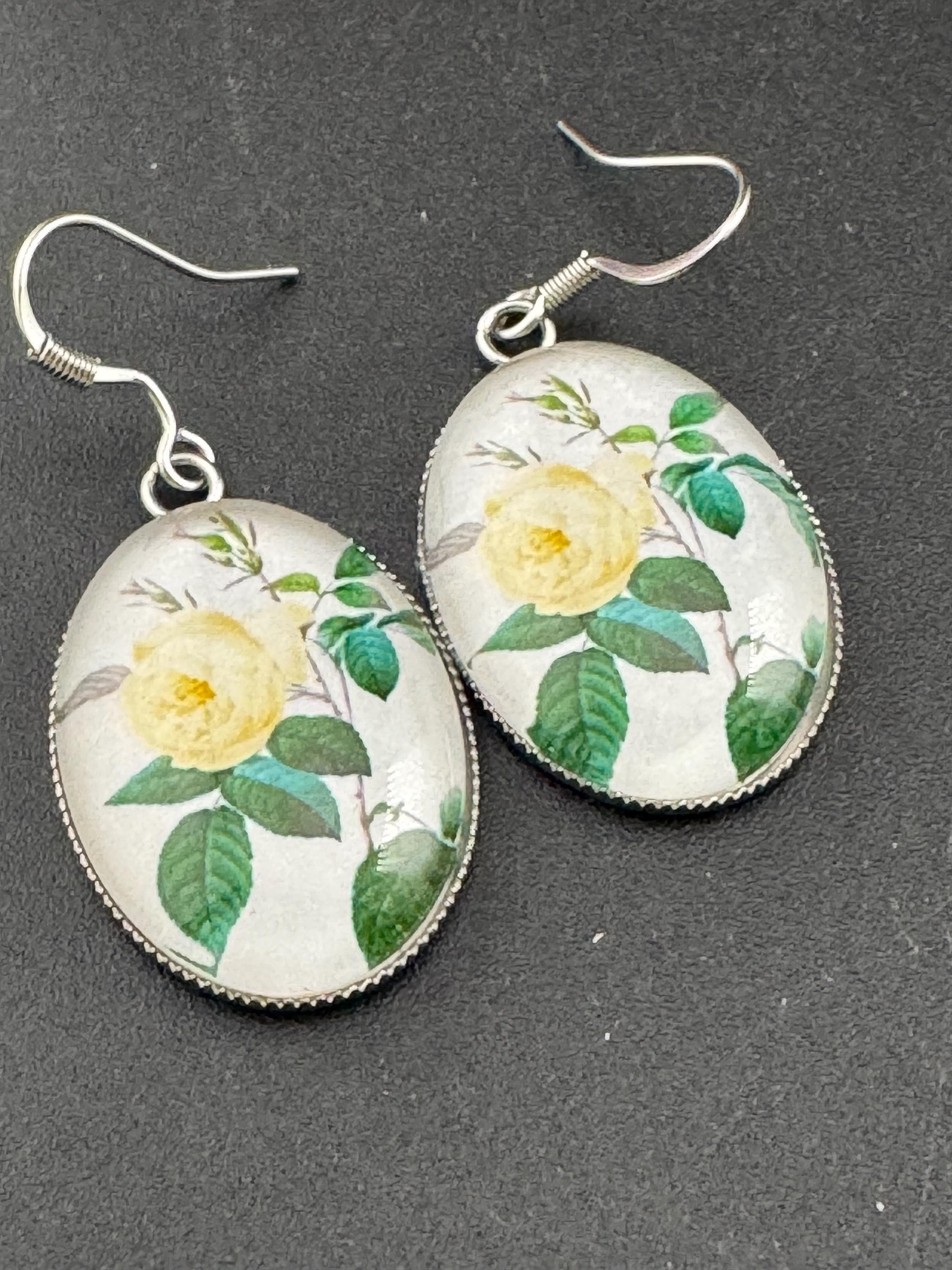 Yellow Rose Earrings: Handmade Glass Cabochon, Stainless Steel