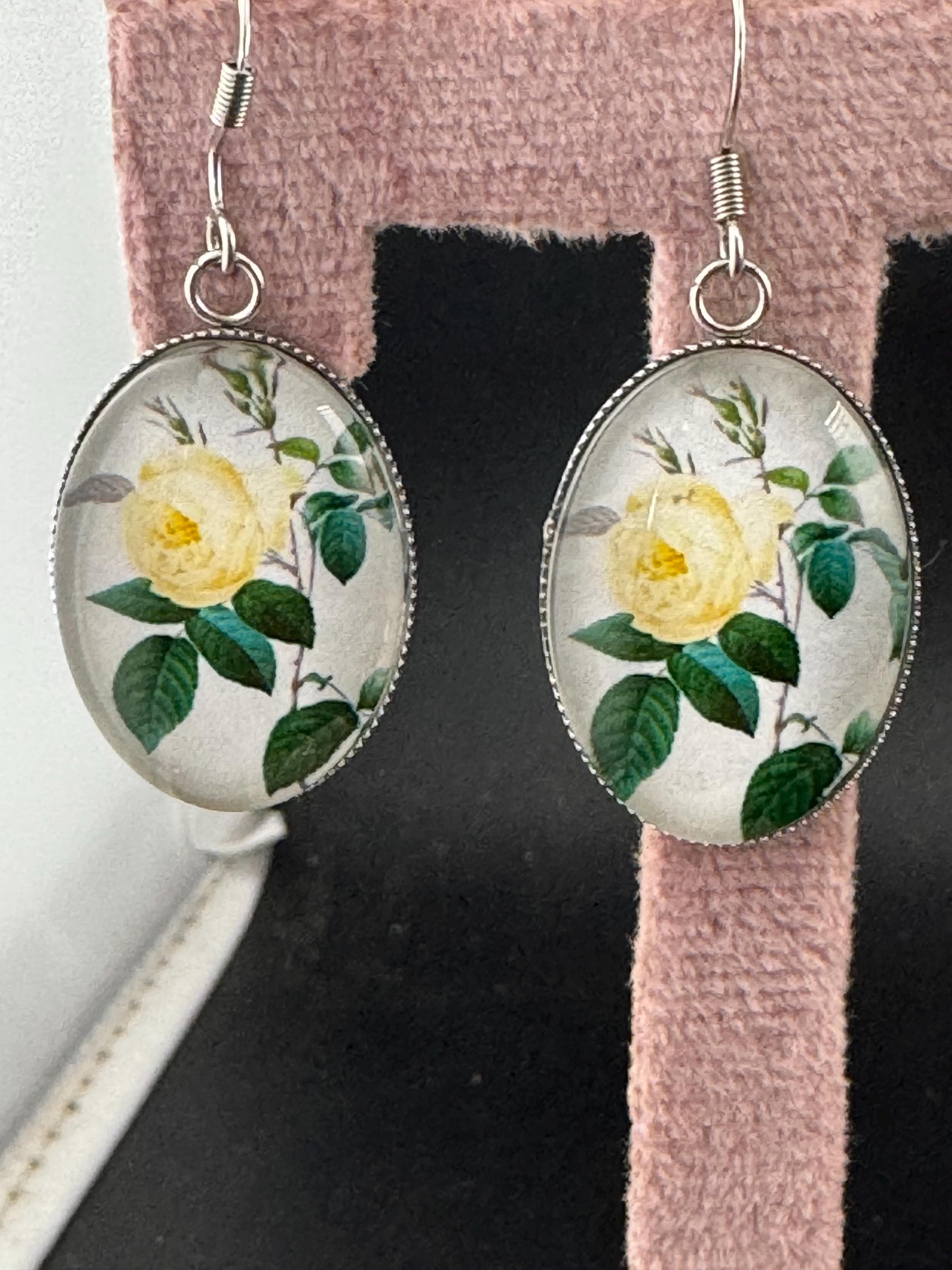 Yellow Rose Earrings: Handmade Glass Cabochon, Stainless Steel