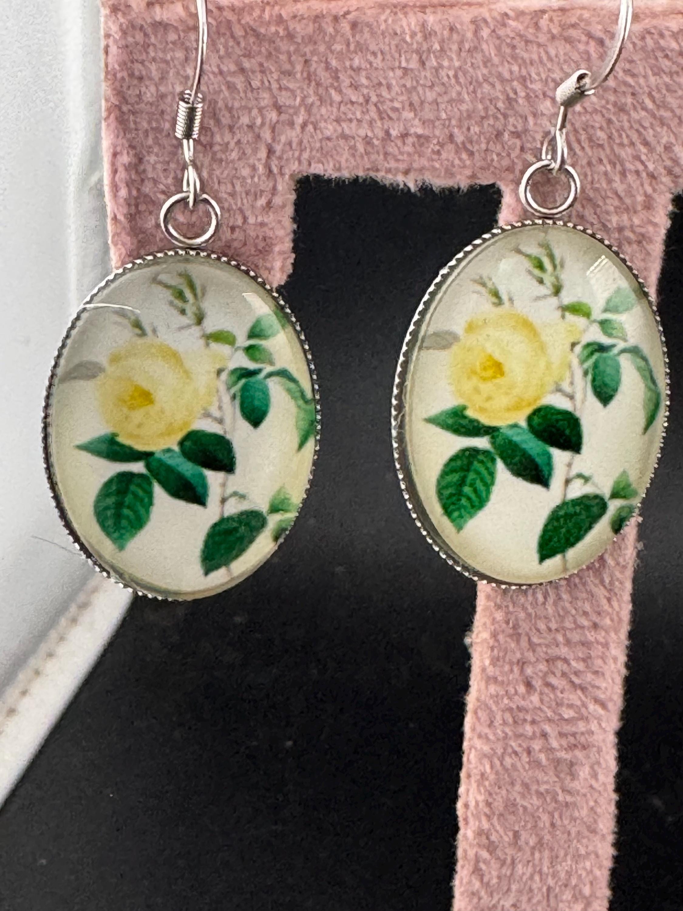 Yellow Rose Earrings: Handmade Glass Cabochon, Stainless Steel