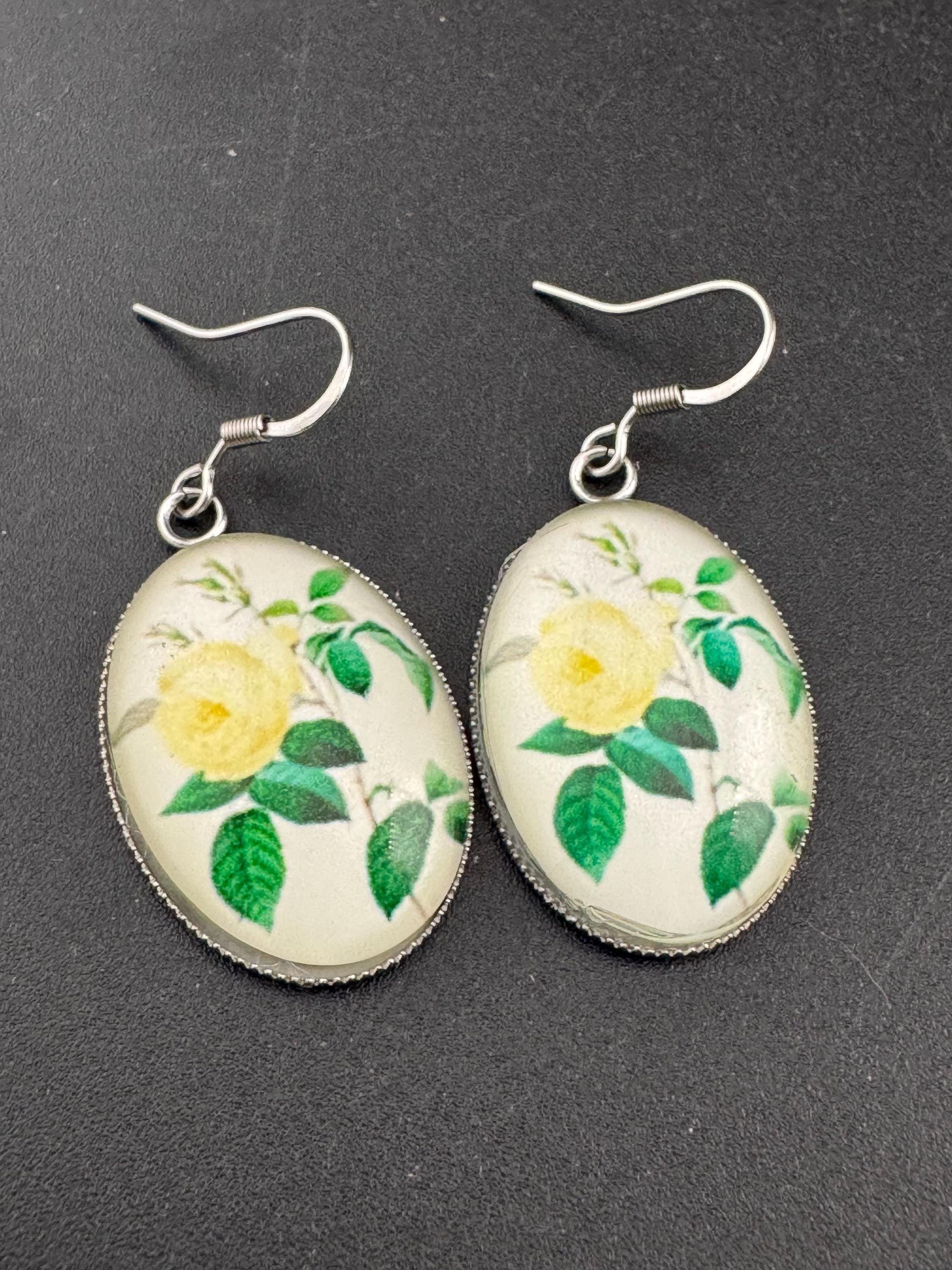 Yellow Rose Earrings: Handmade Glass Cabochon, Stainless Steel