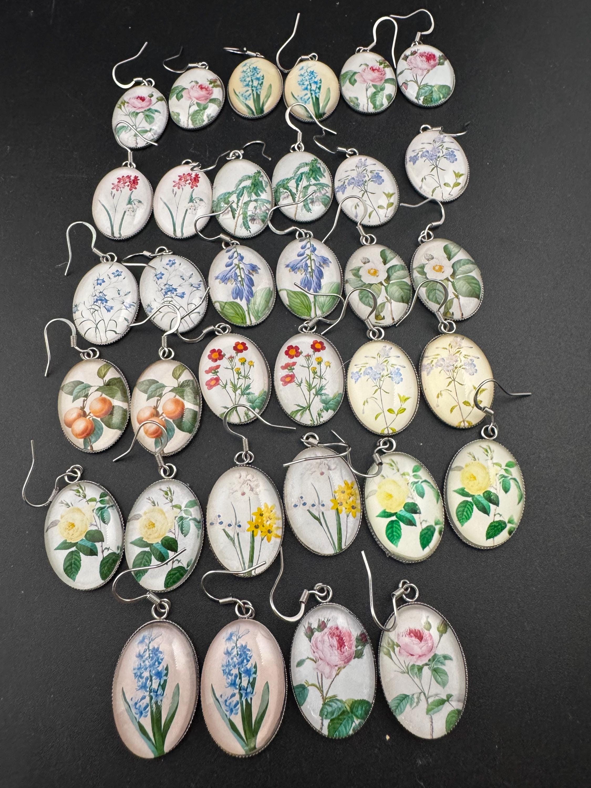 Yellow daffodil garden flowers handmade oval glass cabochon earrings, stainless steel, non tarnish earwires and fittings, spring summer