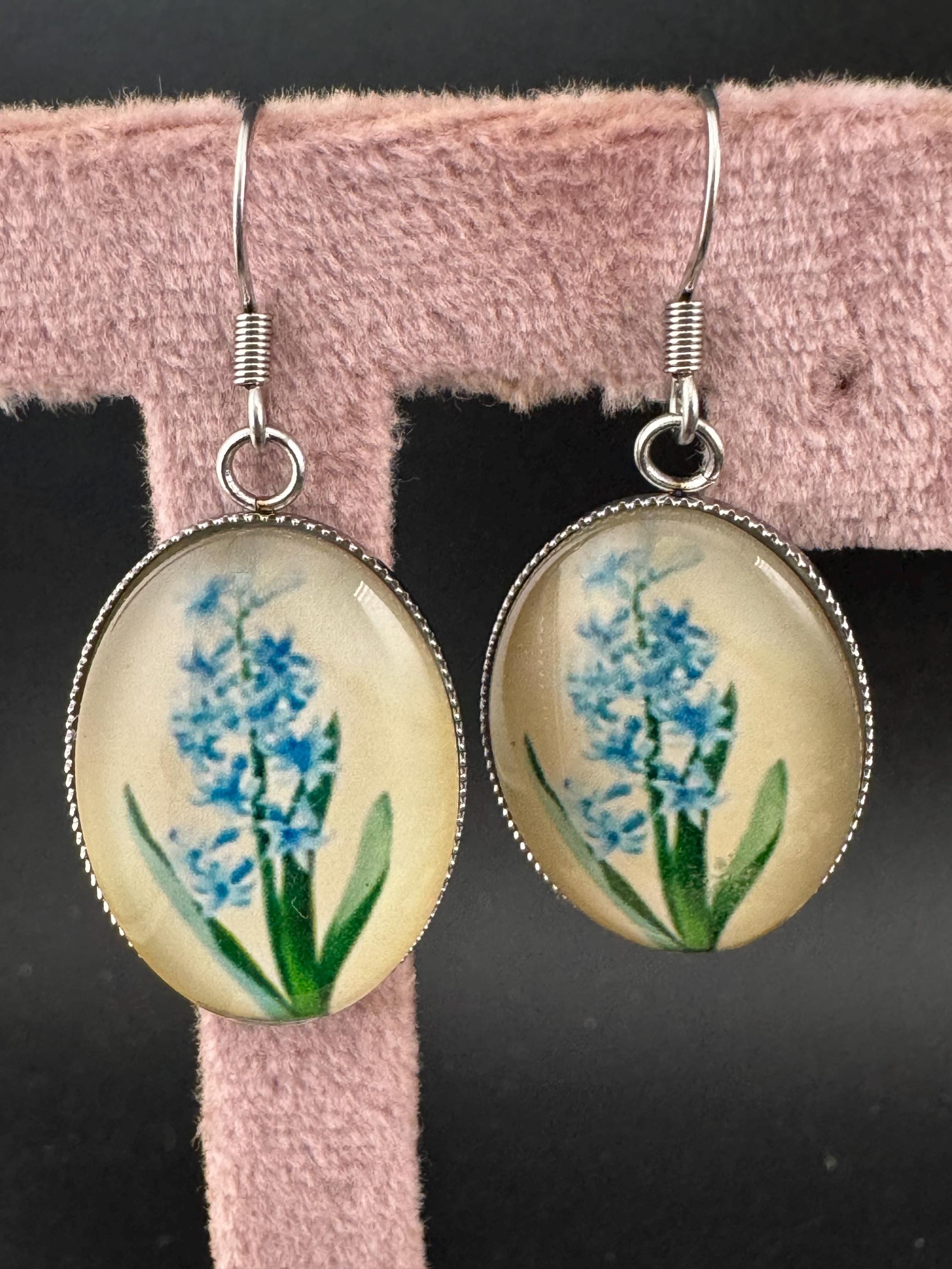 Blue bluebells garden flowers handmade oval glass cabochon earrings, stainless steel, non tarnish earwires and fittings, ideal spring summer