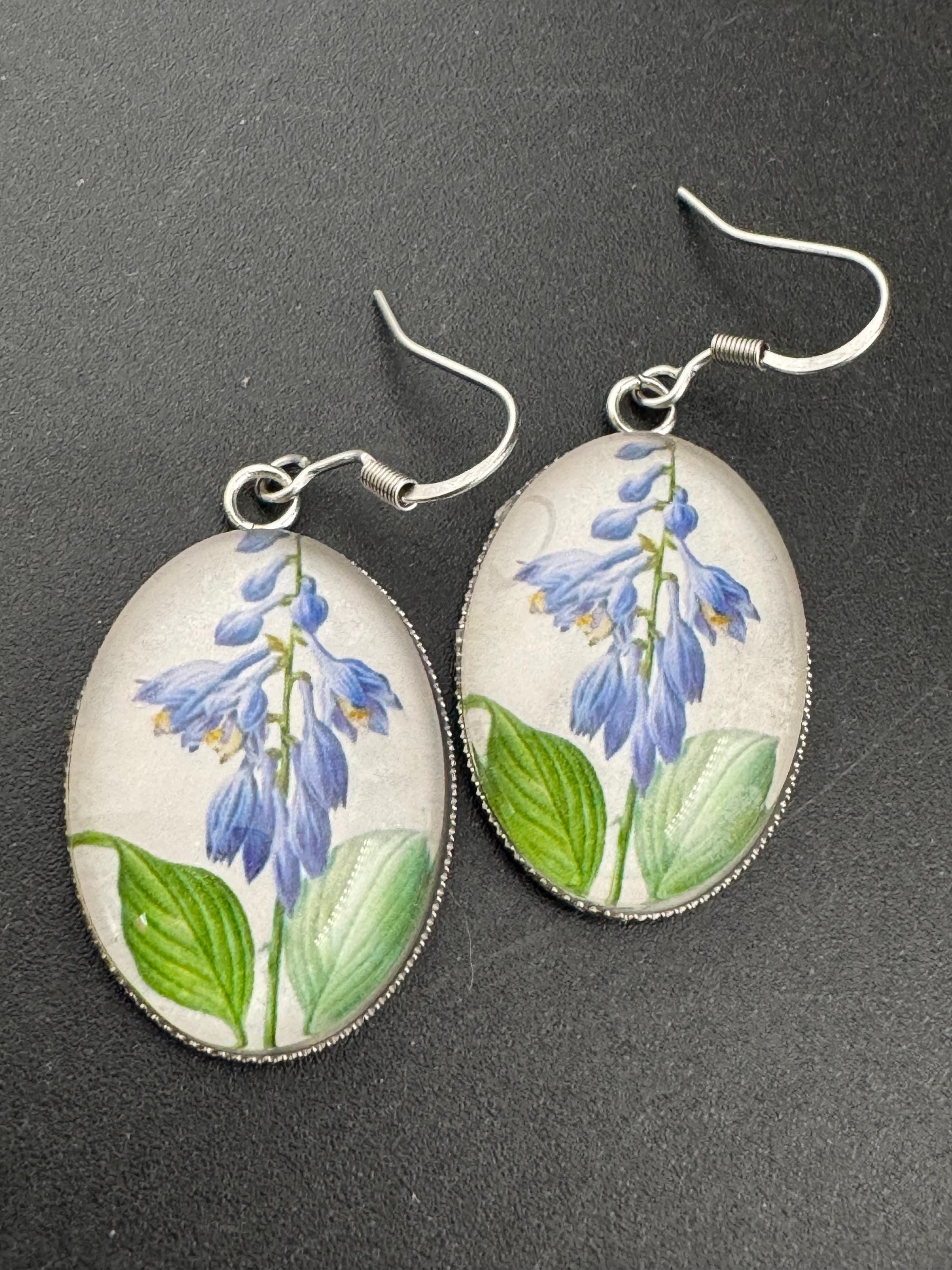 Blue bluebells garden flowers handmade oval glass cabochon earrings, stainless steel, non tarnish earwires and fittings, ideal spring summer
