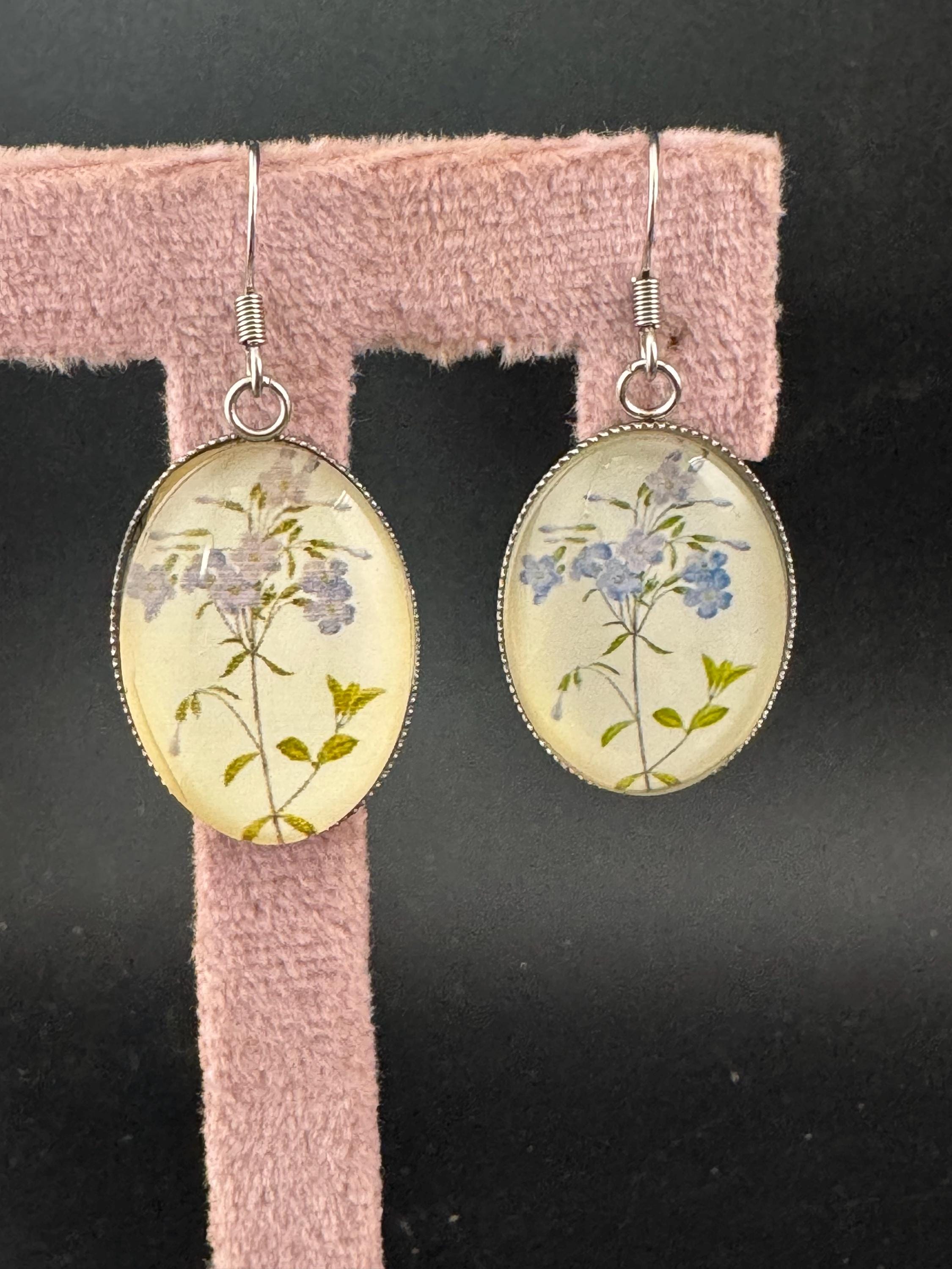 Blue bluebells garden flowers handmade oval glass cabochon earrings, stainless steel, non tarnish earwires and fittings, ideal spring summer
