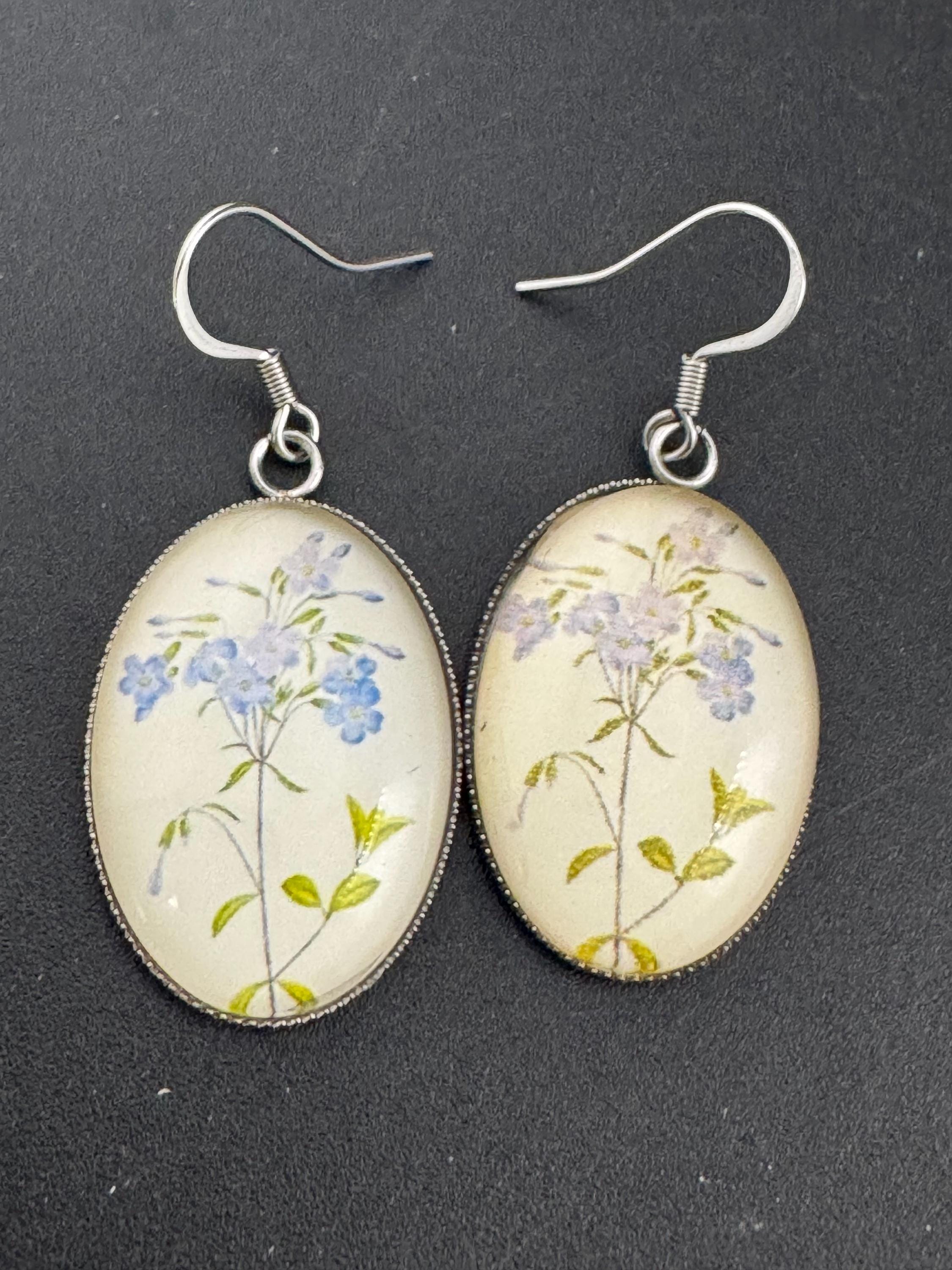 Blue bluebells garden flowers handmade oval glass cabochon earrings, stainless steel, non tarnish earwires and fittings, ideal spring summer