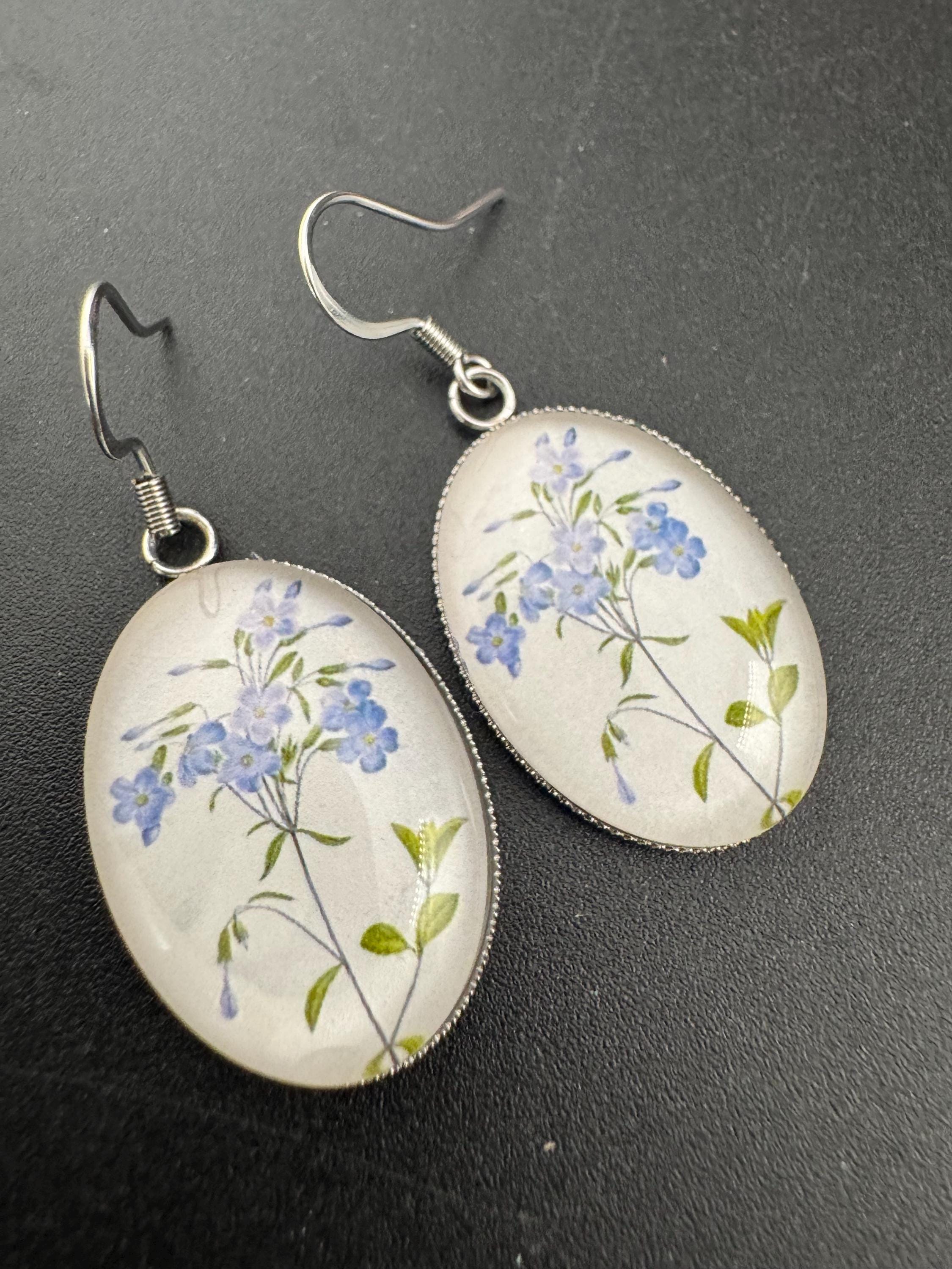 Blue bluebells garden flowers handmade oval glass cabochon earrings, stainless steel, non tarnish earwires and fittings, ideal spring summer