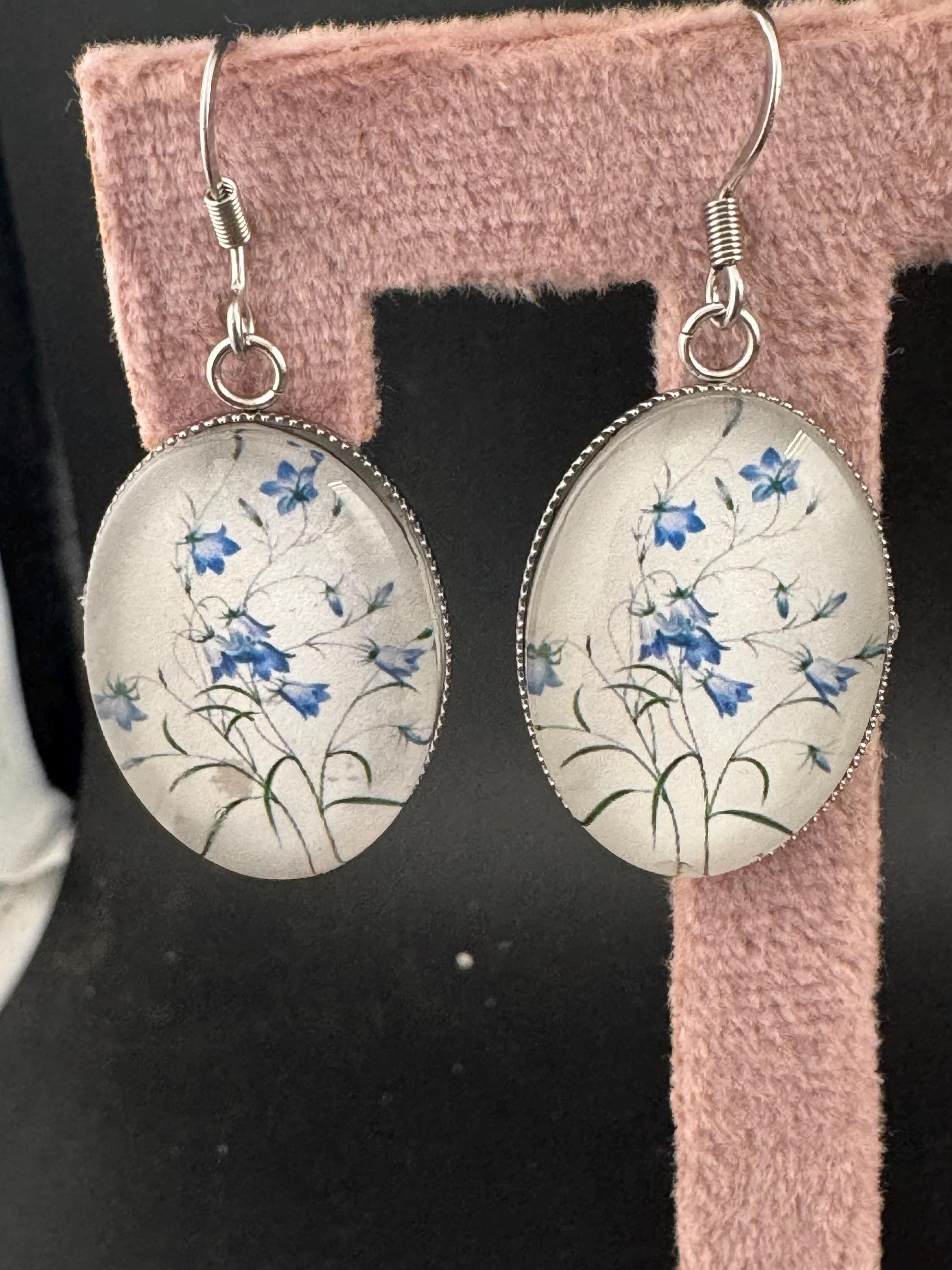Blue bluebells garden flowers handmade oval glass cabochon earrings, stainless steel, non tarnish earwires and fittings, ideal spring summer