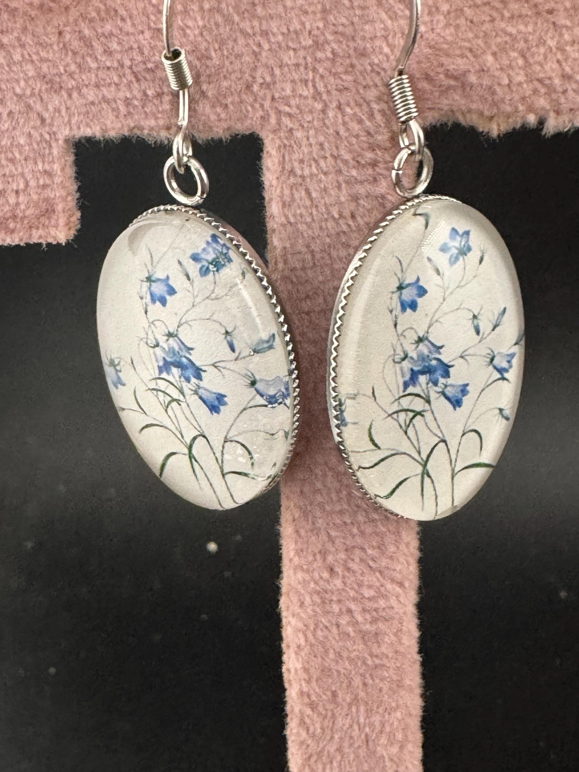 Blue bluebells garden flowers handmade oval glass cabochon earrings, stainless steel, non tarnish earwires and fittings, ideal spring summer