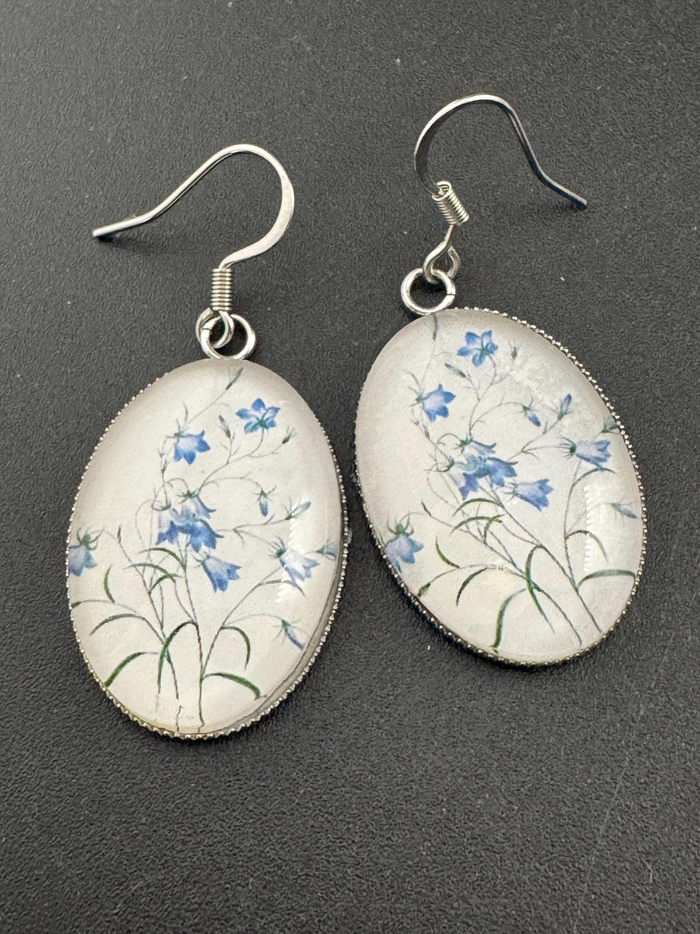 Blue bluebells garden flowers handmade oval glass cabochon earrings, stainless steel, non tarnish earwires and fittings, ideal spring summer