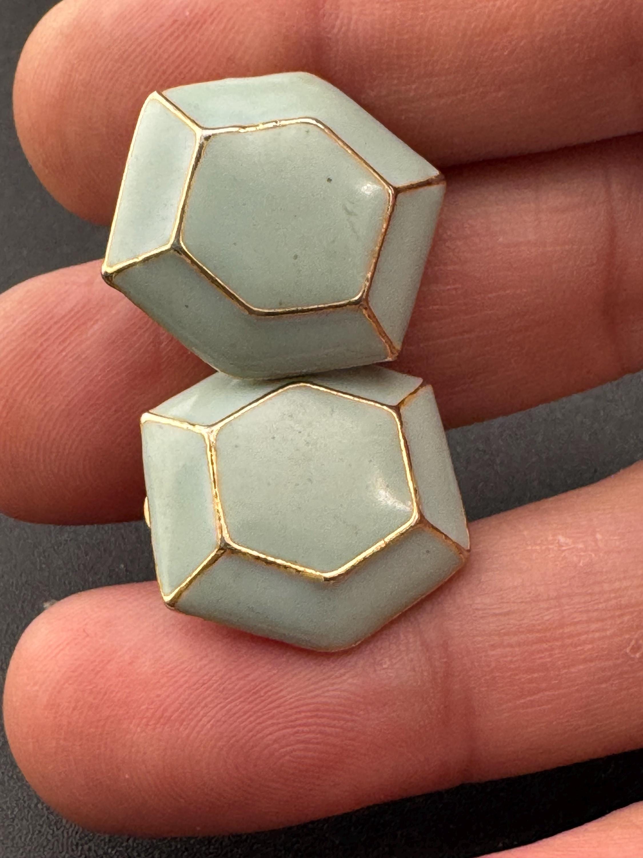 Vintage Ice Blue Enamel Clip On Earrings: 1980s Gold Tone Button