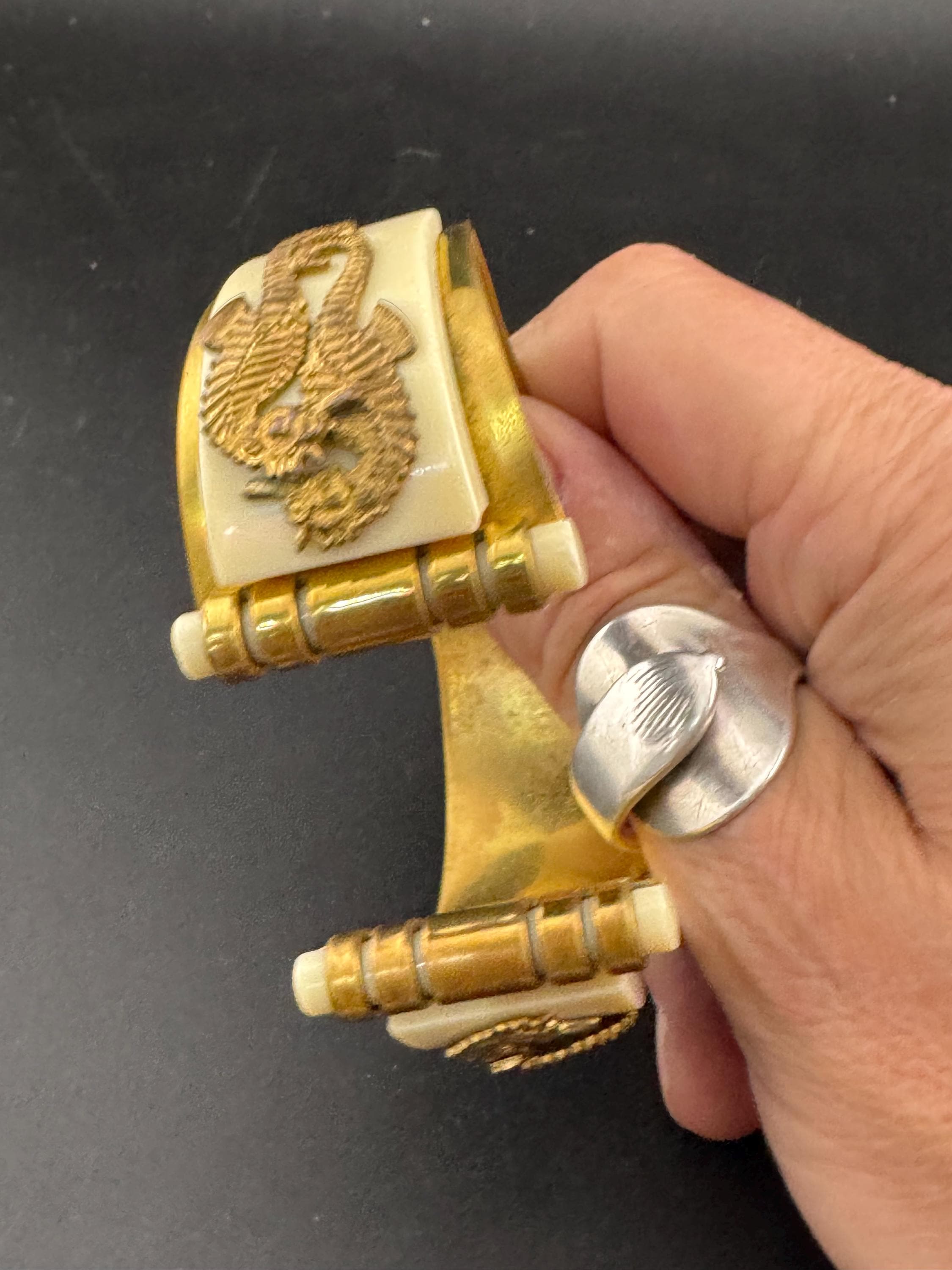 Super Vintage art deco brass and galalith seahorse Bangle bracelet , attributed to Jean Painleve l’hippocampus range