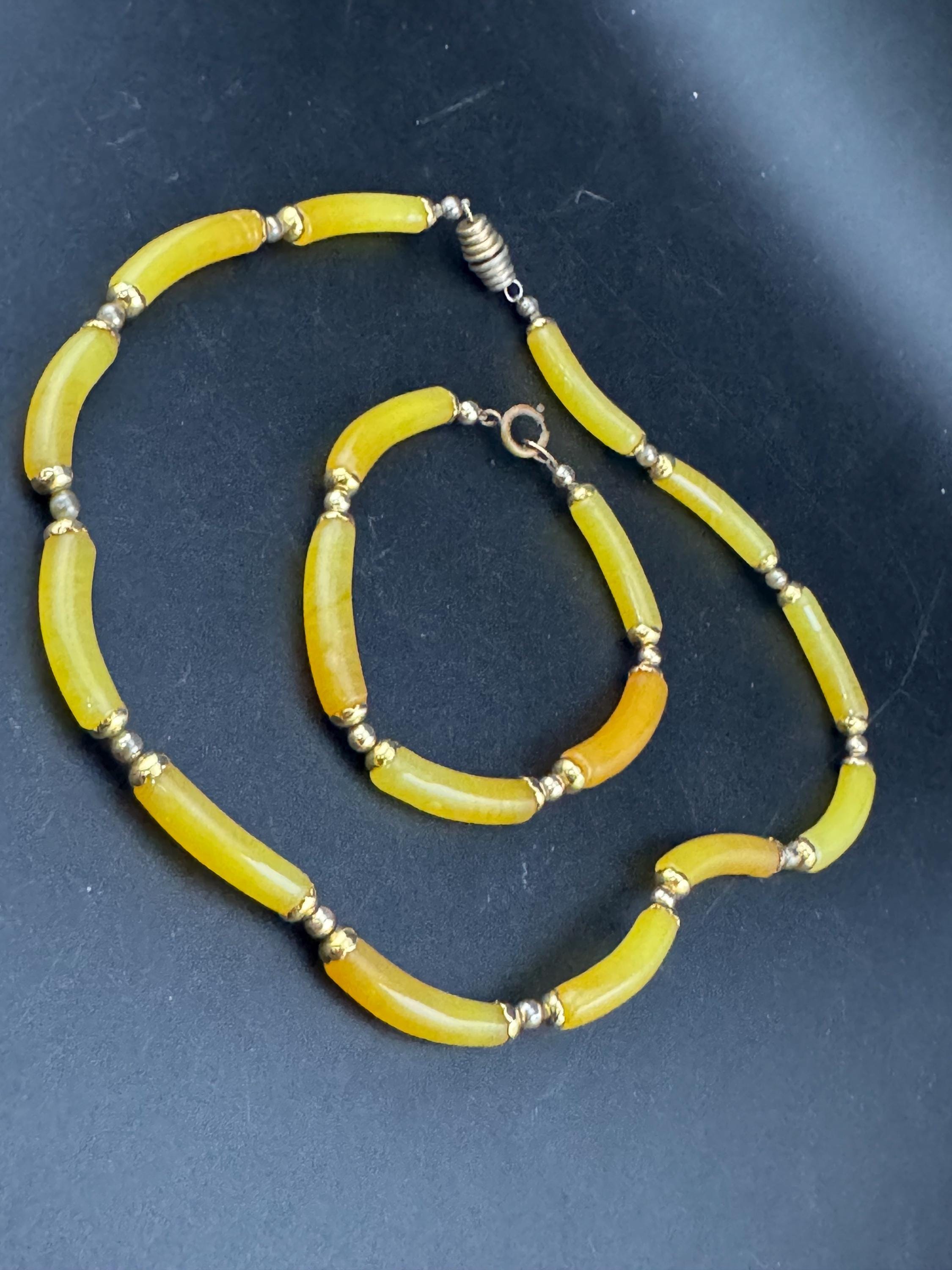 Vintage Chinese yellow glass tube beaded collar necklace with matching bracelet