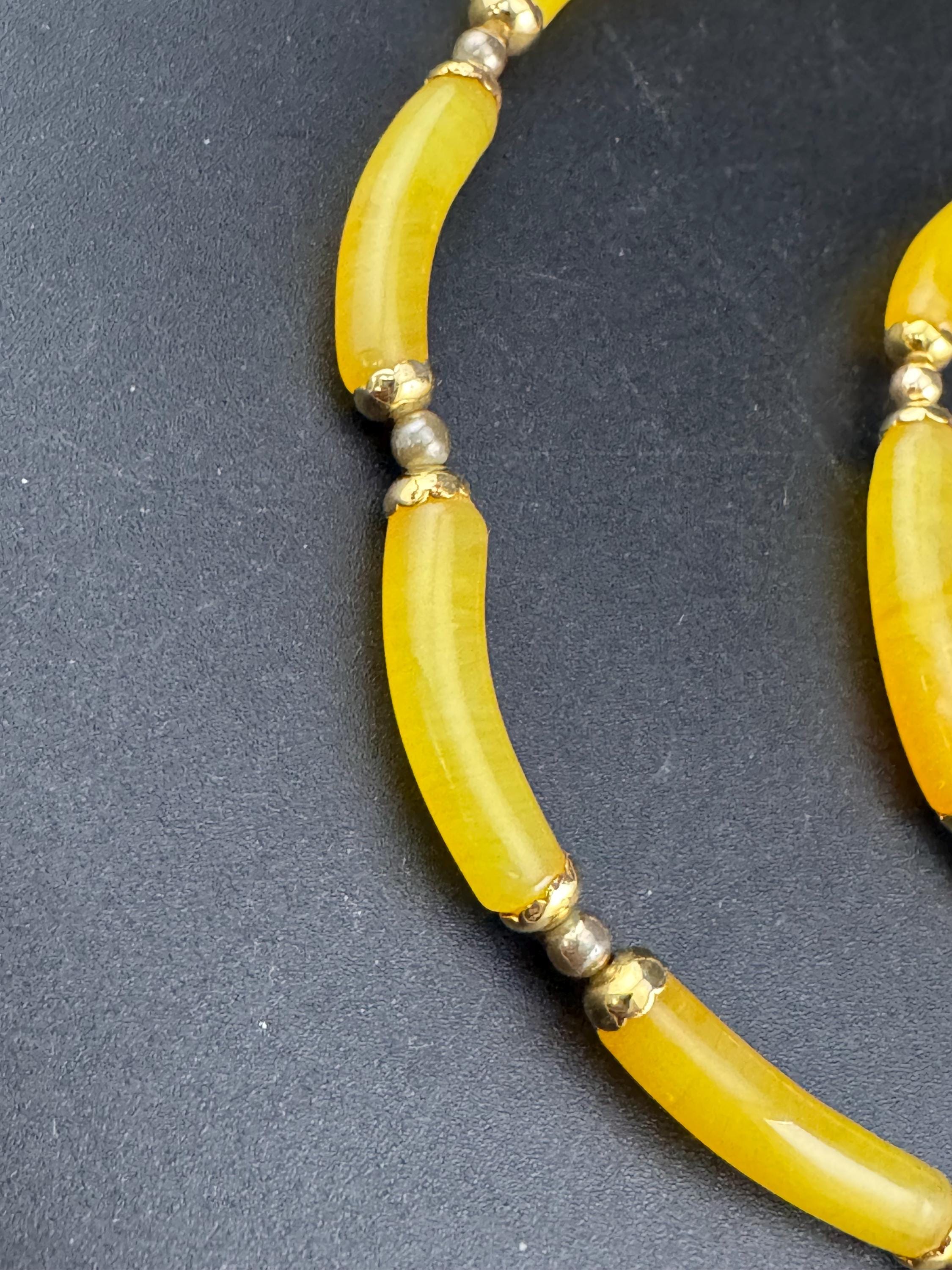 Vintage Chinese natural yellow jade tube beaded collar necklace with matching bracelet