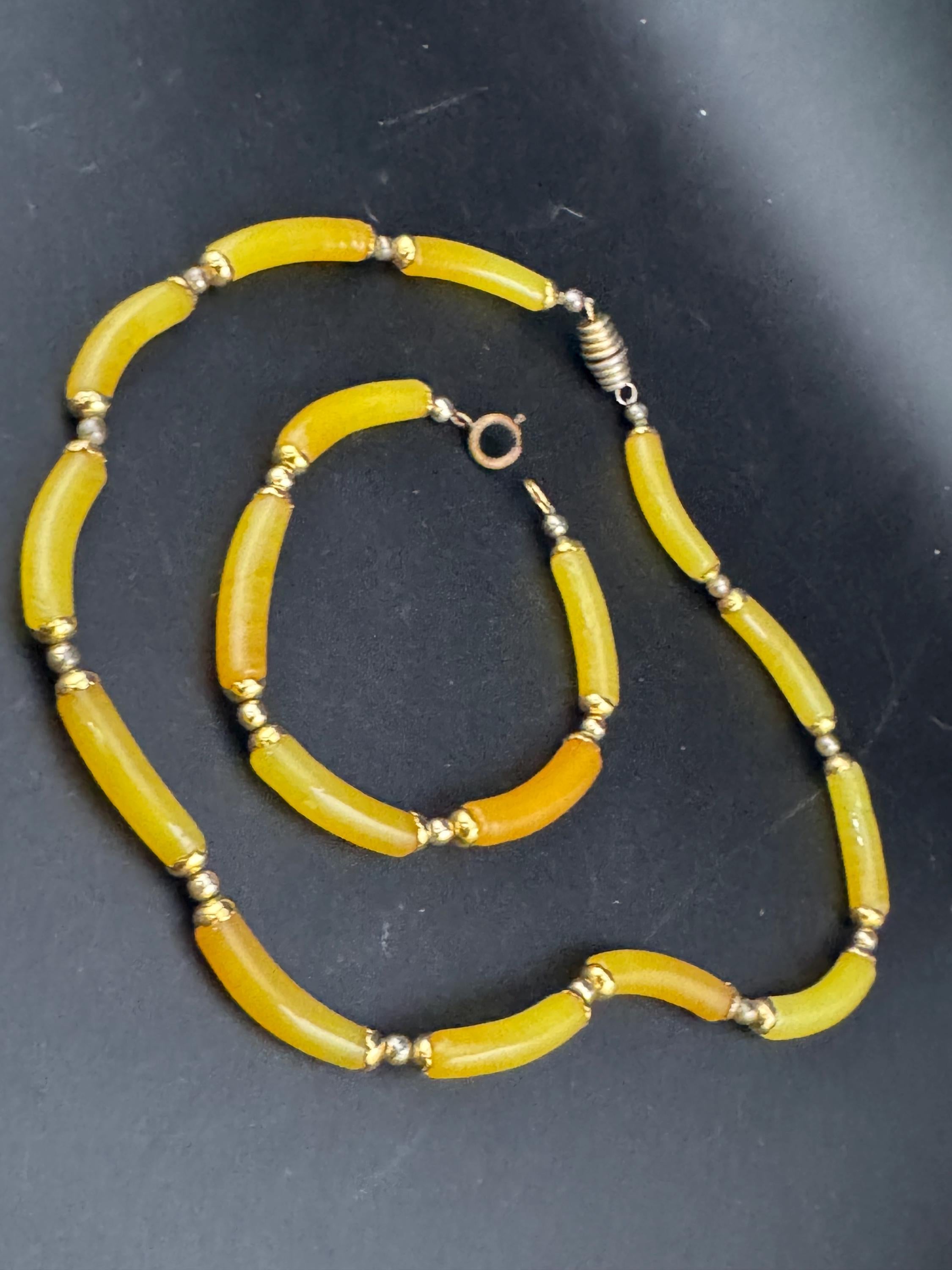 Vintage Chinese yellow glass tube beaded collar necklace with matching bracelet