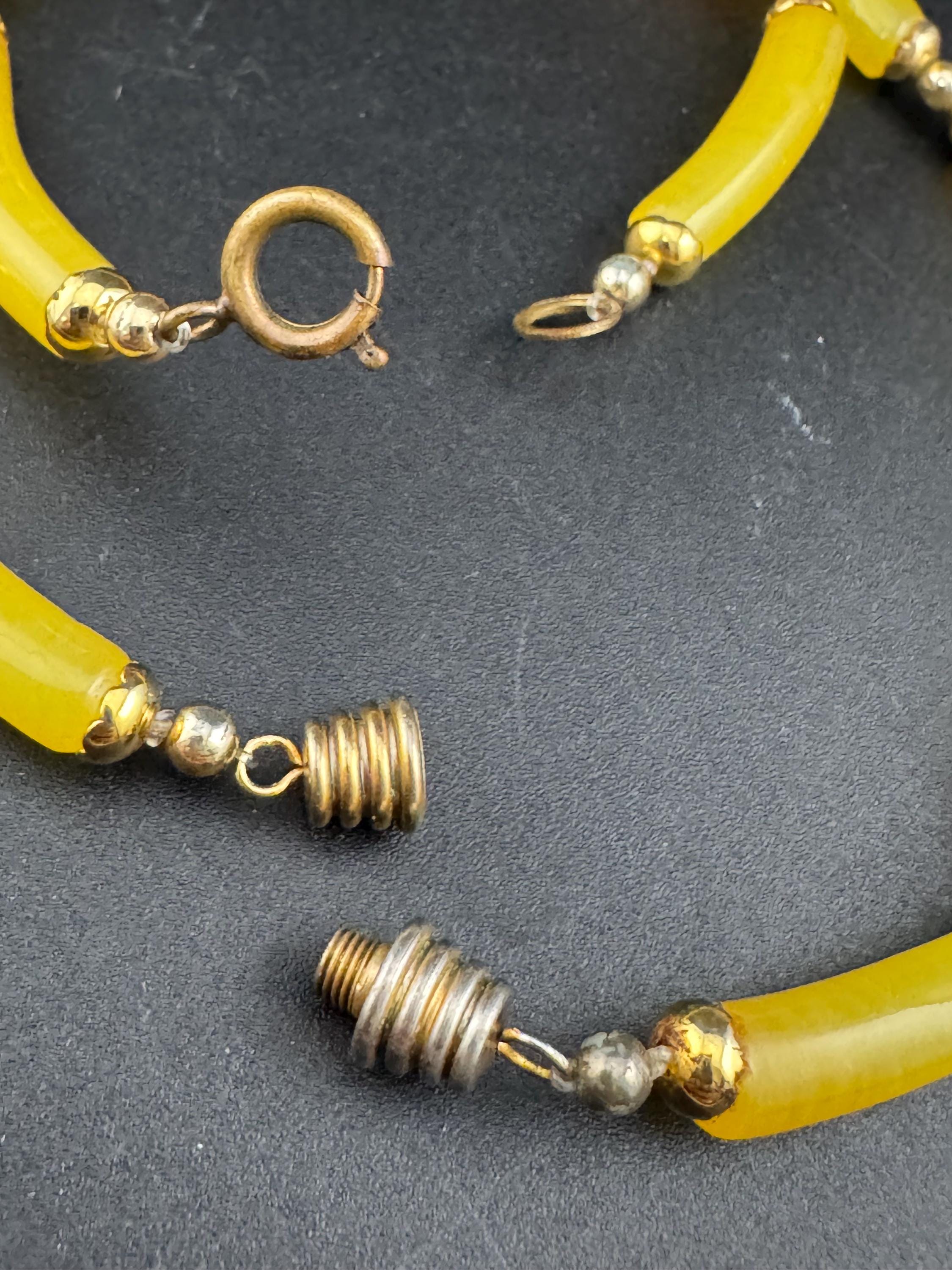 Vintage Chinese yellow glass tube beaded collar necklace with matching bracelet