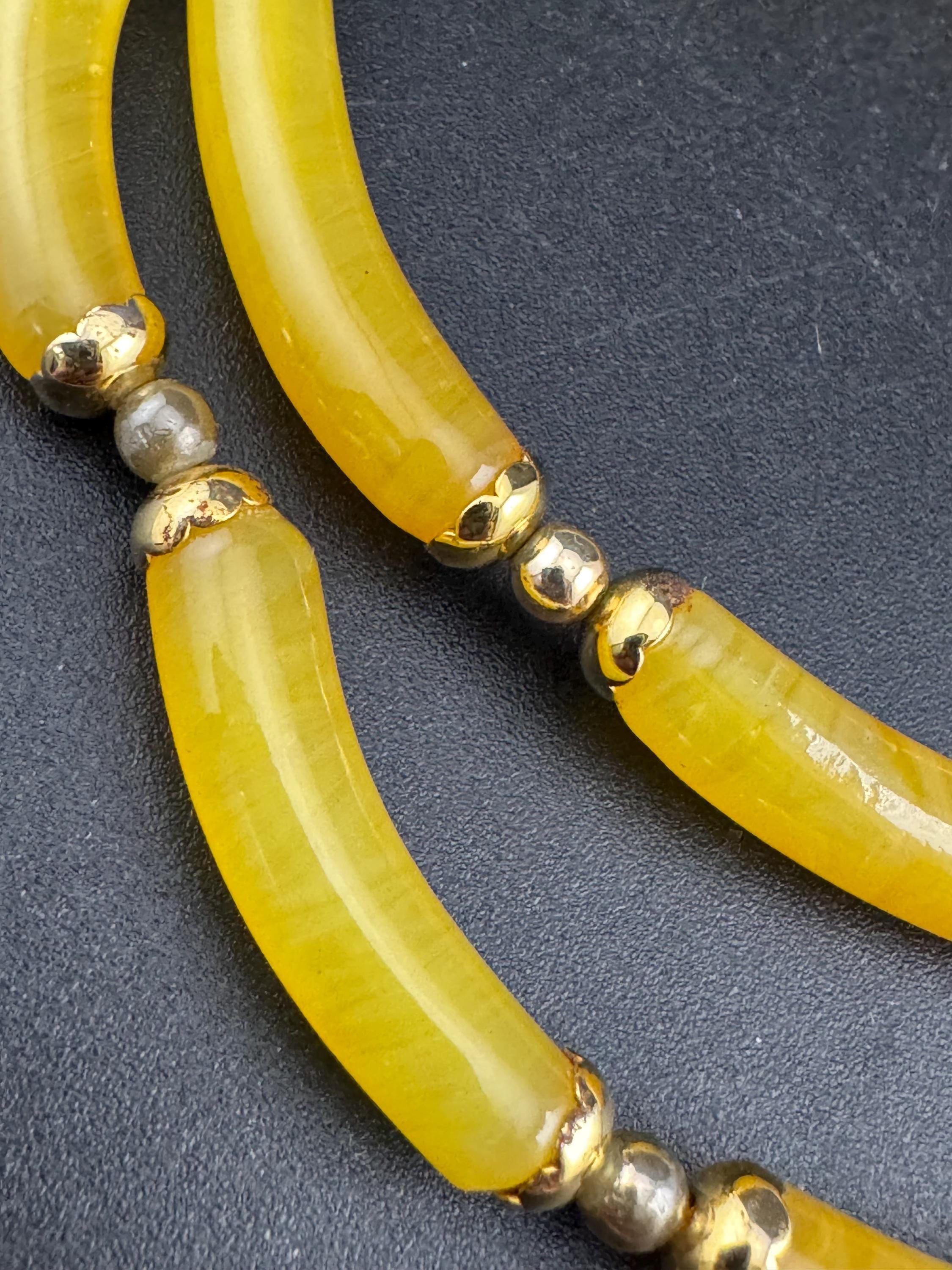 Vintage Chinese yellow glass tube beaded collar necklace with matching bracelet