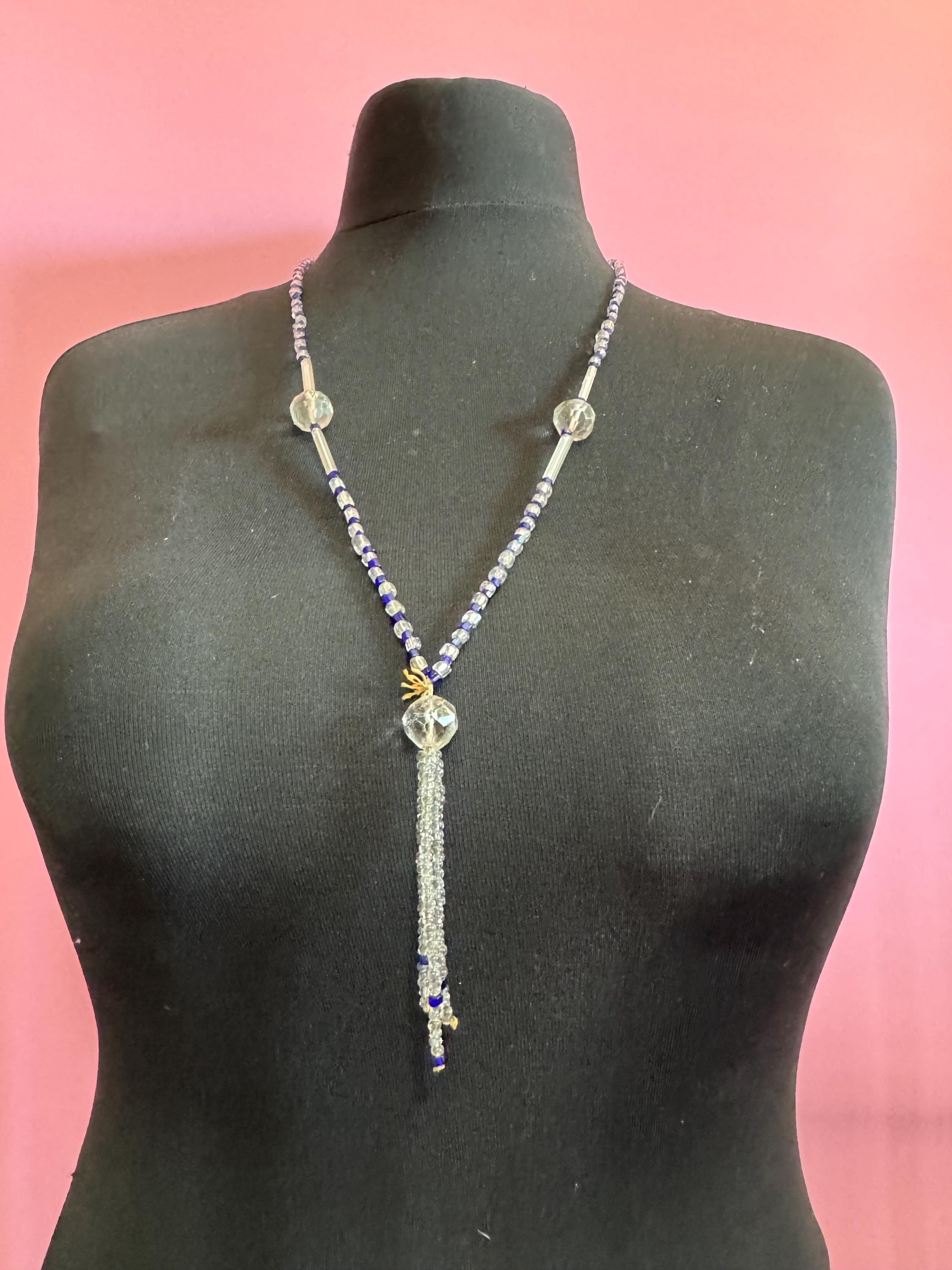 Art Deco Cobalt Blue Glass Beaded Flapper Necklace: 1920s Style