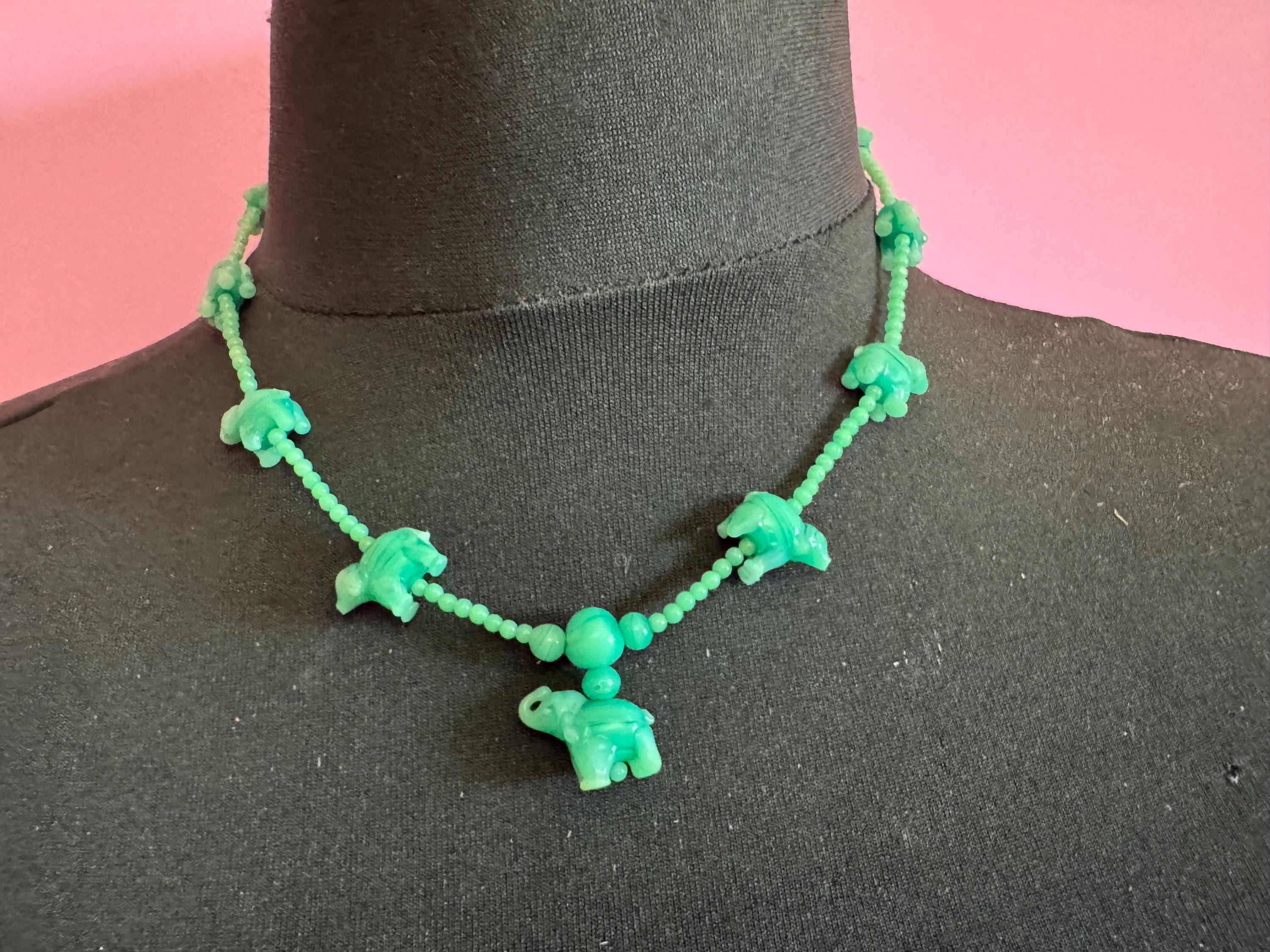 Antique Chinese peking carved glass green Art Deco period beaded elephant necklace