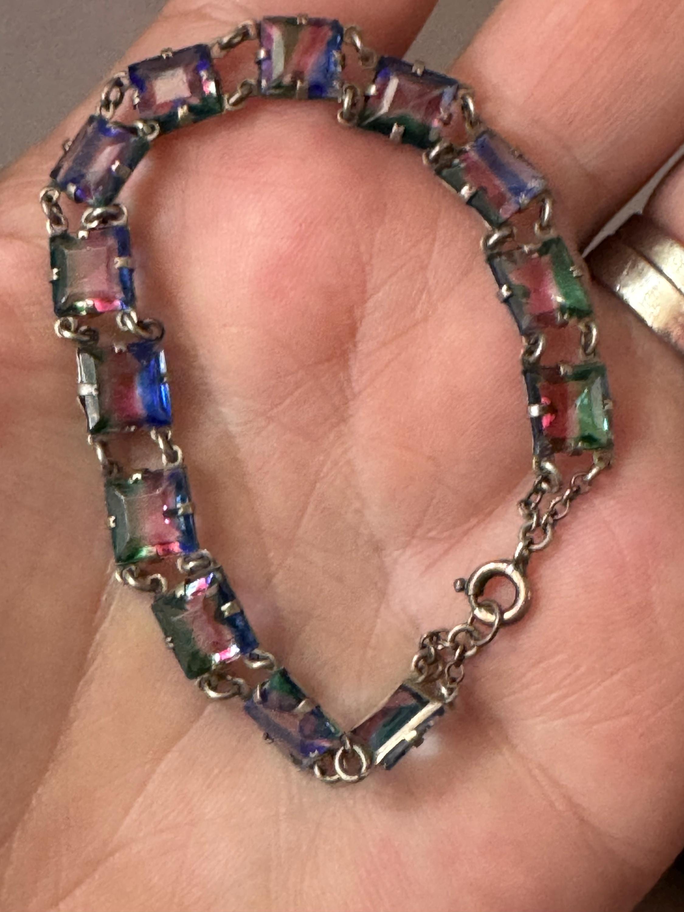 Antique Iris glass open back clear crystal square stones chain link Art Deco bracelet 17.5cm pink blue green stripes