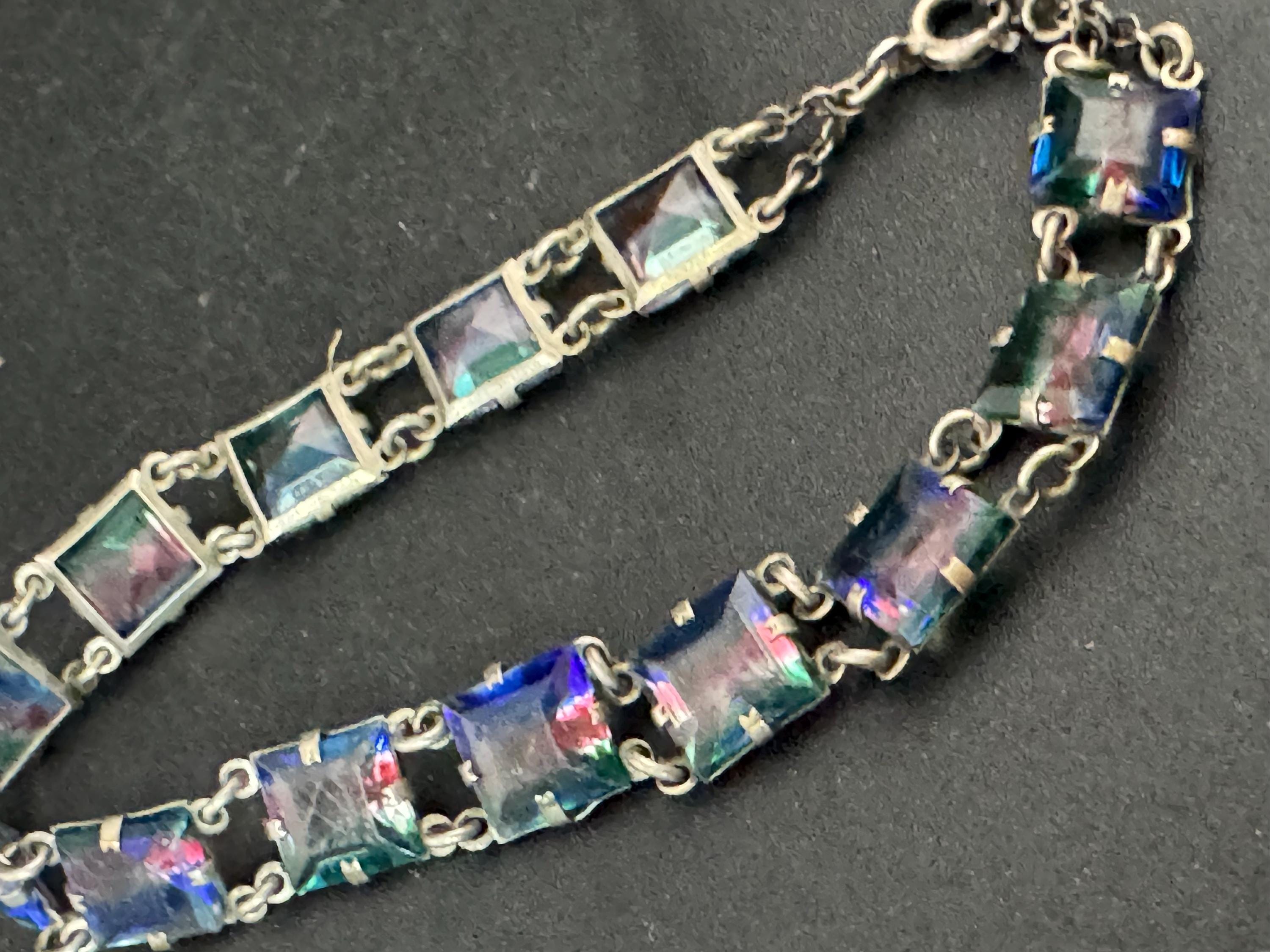 Antique Iris glass open back clear crystal square stones chain link Art Deco bracelet 17.5cm pink blue green stripes