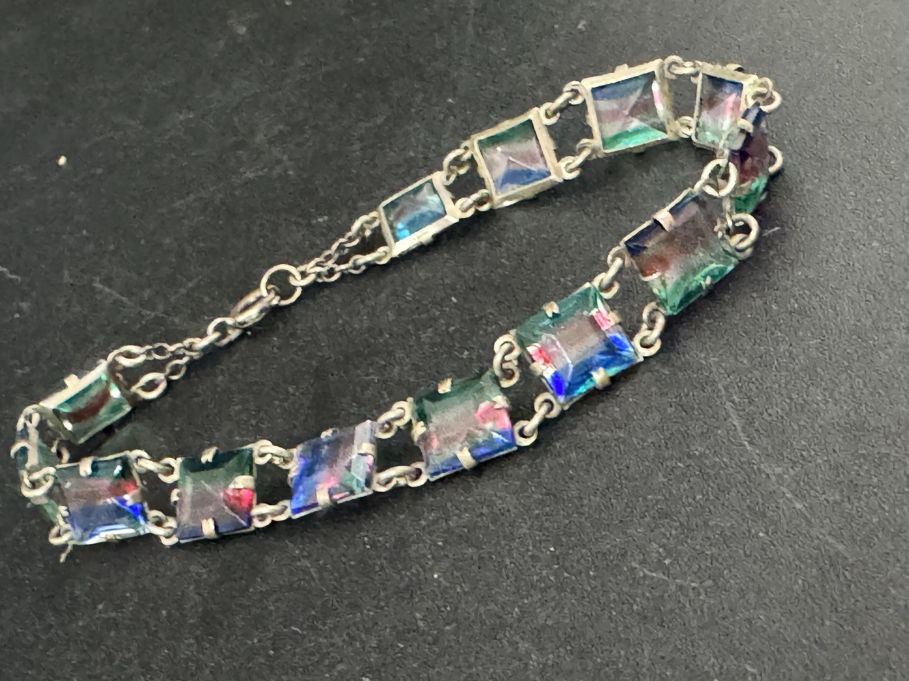 Antique Iris glass open back clear crystal square stones chain link Art Deco bracelet 17.5cm pink blue green stripes