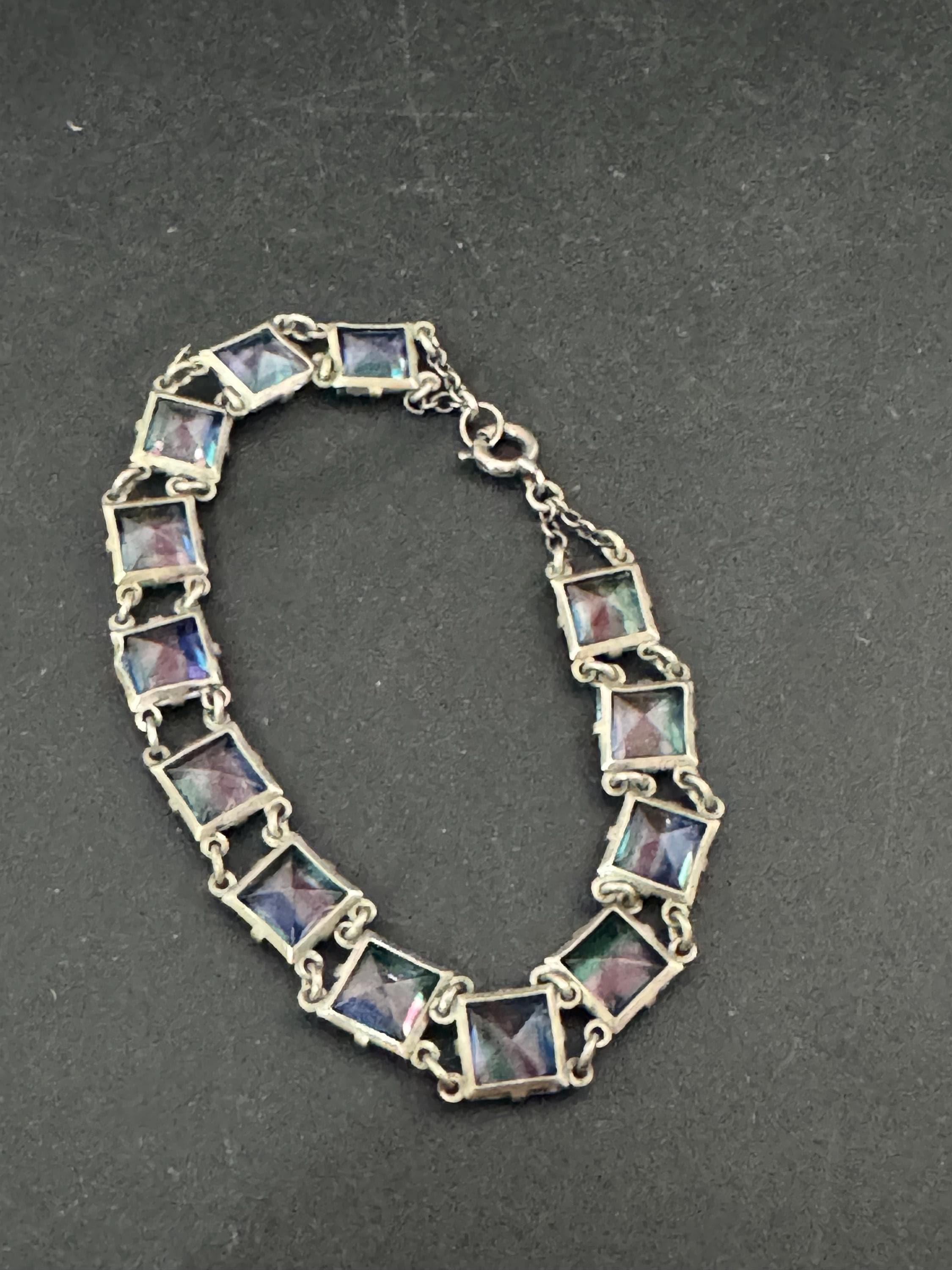Antique Iris glass open back clear crystal square stones chain link Art Deco bracelet 17.5cm pink blue green stripes