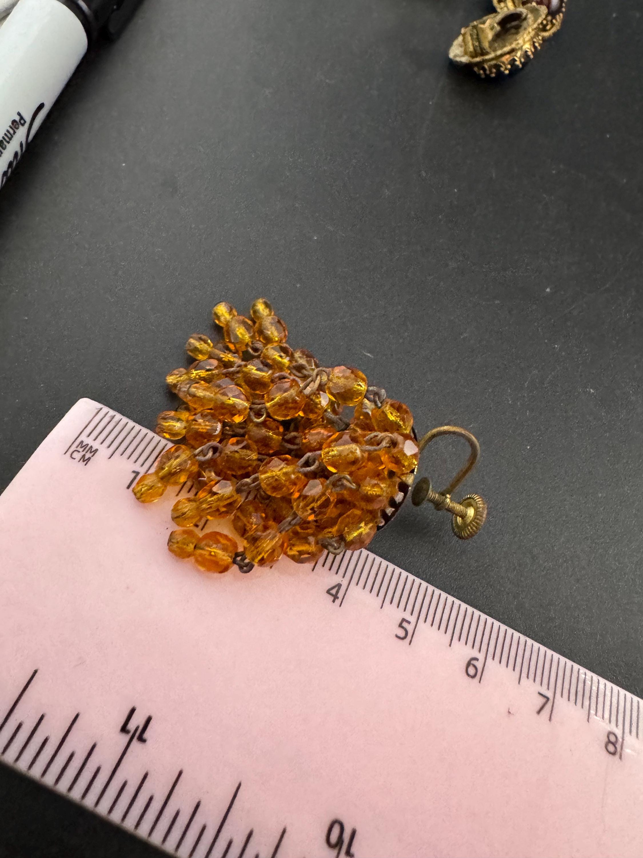 Vintage early mid century amber glass beaded rhinestone gem set clip on chandelier waterfall drop earrings