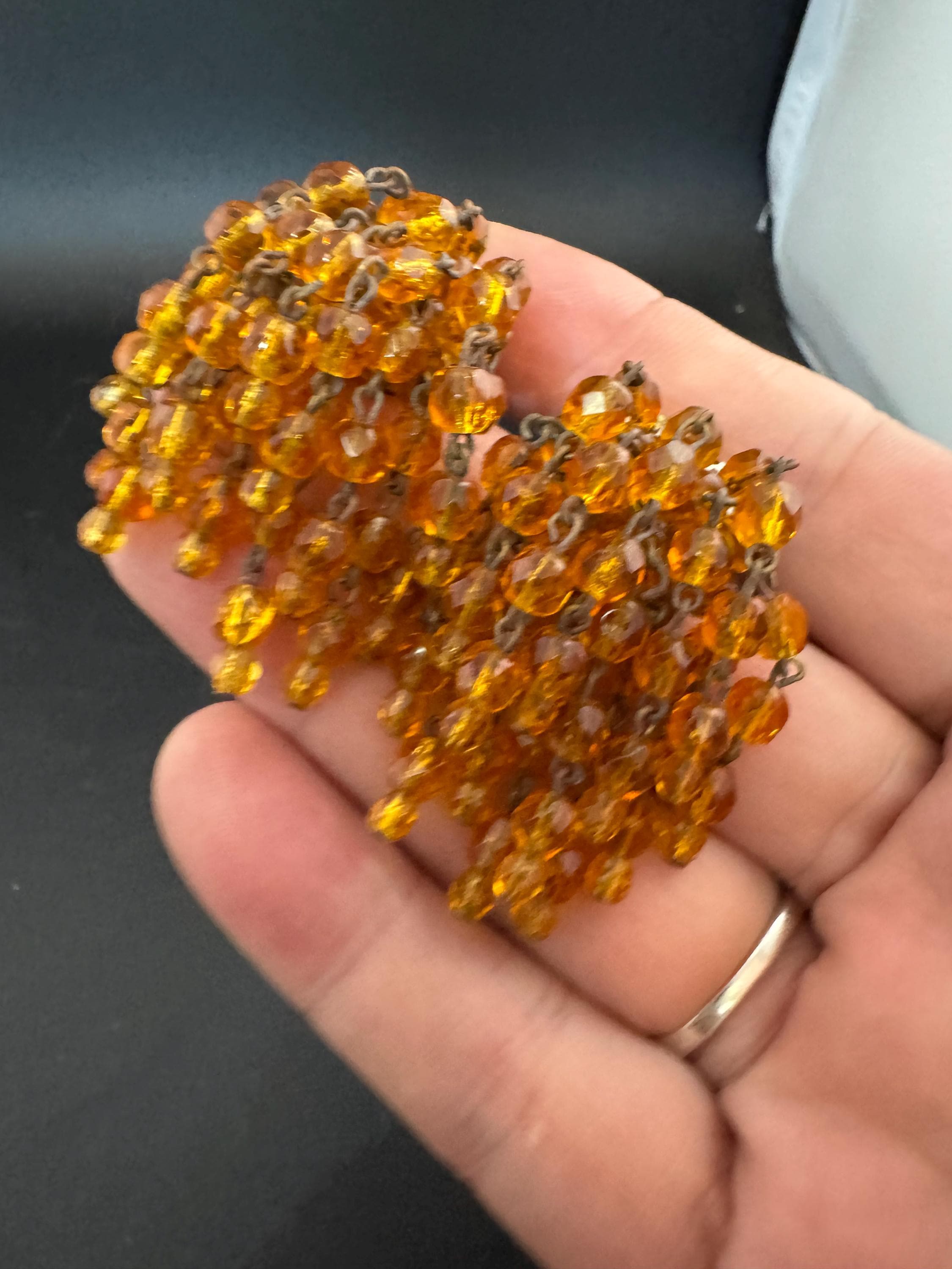 Vintage early mid century amber glass beaded rhinestone gem set clip on chandelier waterfall drop earrings
