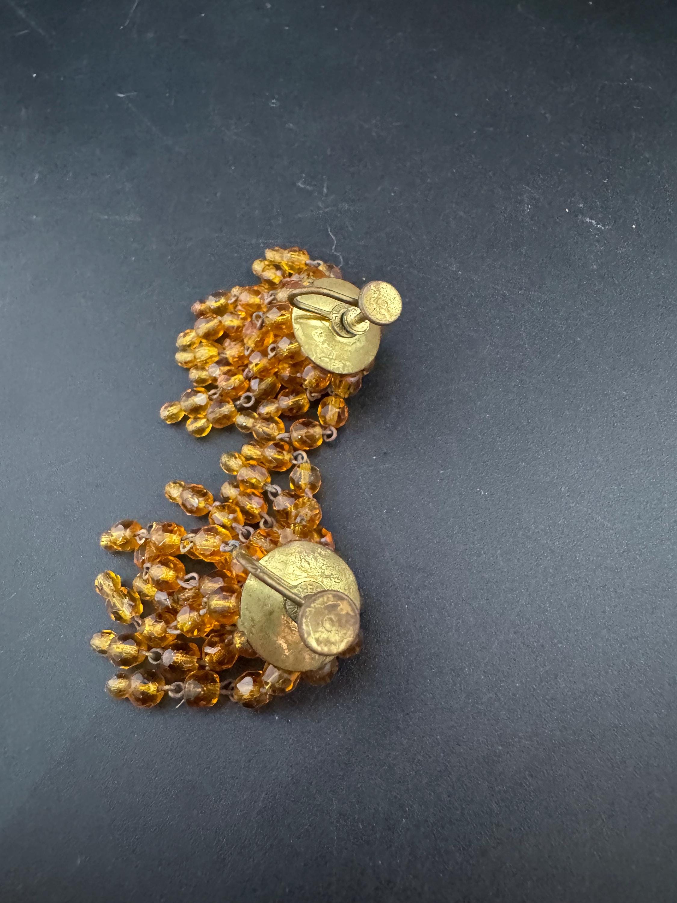 Vintage early mid century amber glass beaded rhinestone gem set clip on chandelier waterfall drop earrings