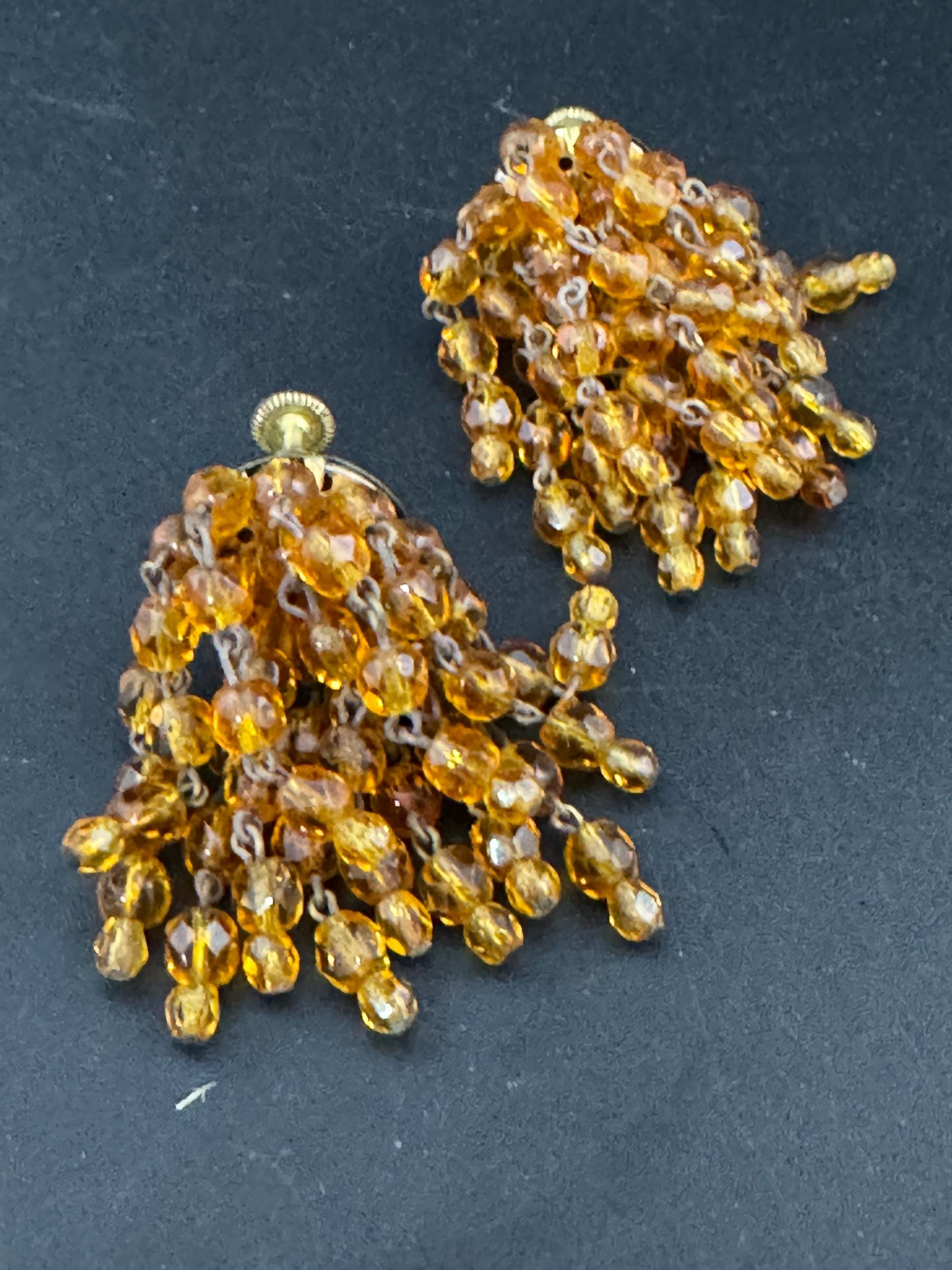 Vintage early mid century amber glass beaded rhinestone gem set clip on chandelier waterfall drop earrings