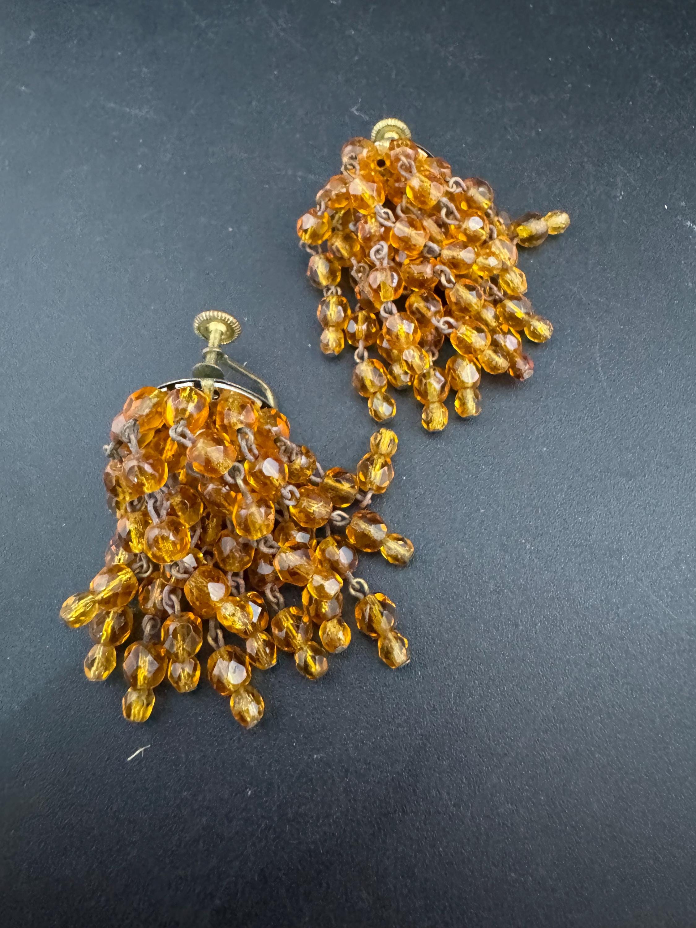 Vintage early mid century amber glass beaded rhinestone gem set clip on chandelier waterfall drop earrings