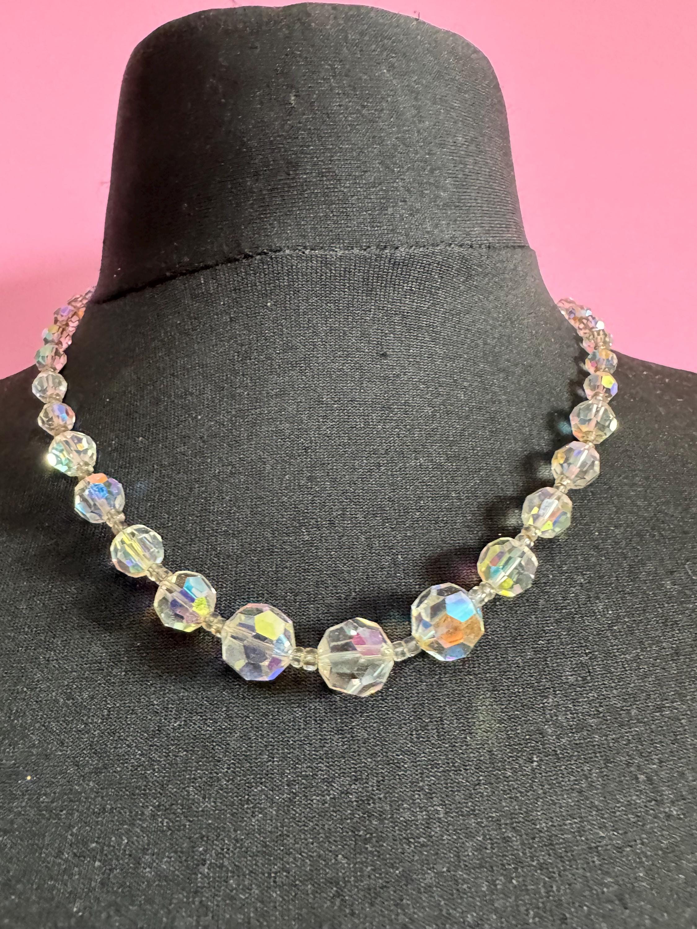Art Deco clear aB Aurora borealis glass Crystal beaded necklace 51cm mid century