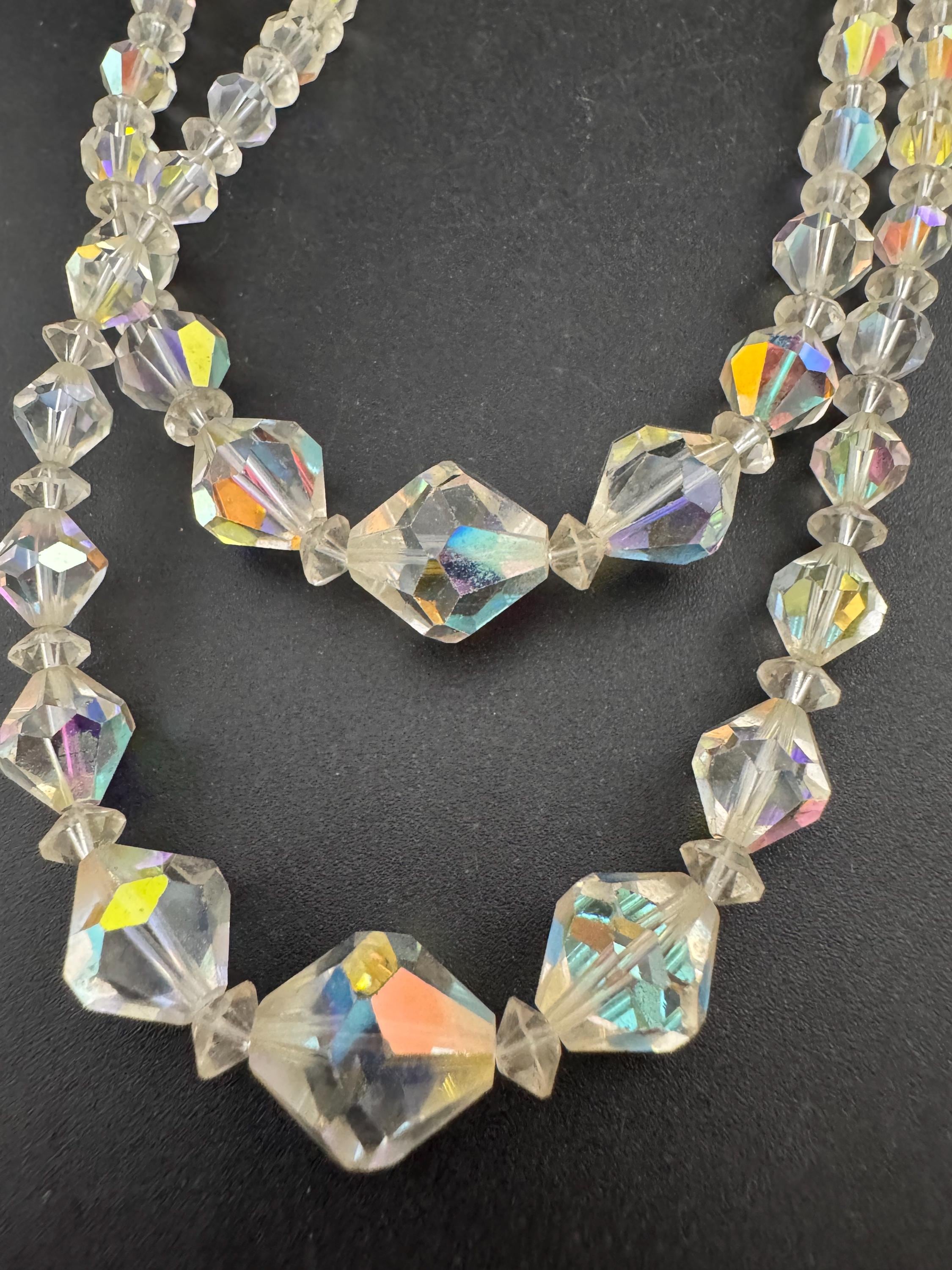 Art Deco Aurora Borealis Crystal Necklace: Double Strand Collar