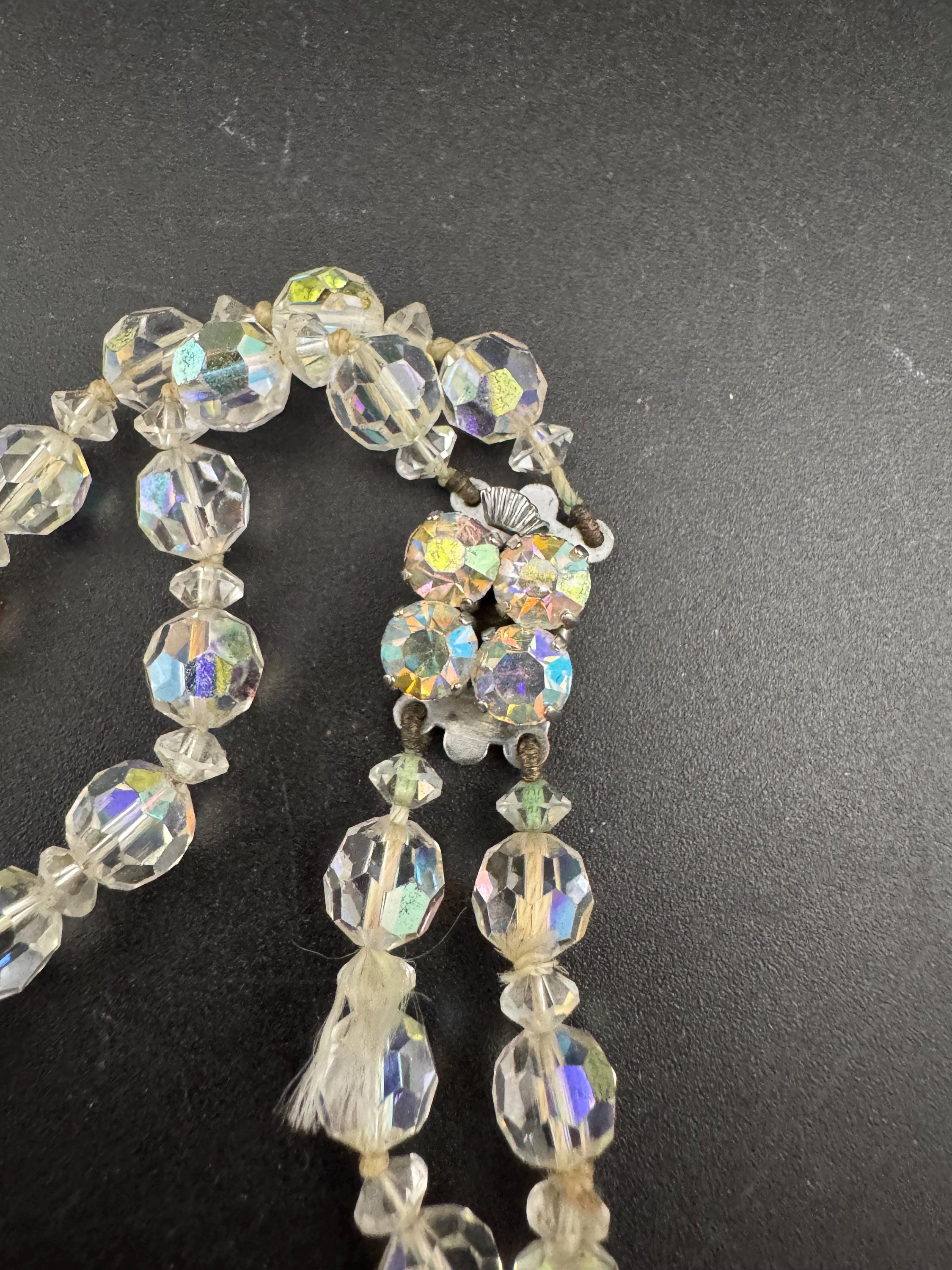 Art Deco clear AB rainbow Aurora borealis glass Crystal 2 row double strand beaded necklace choker festoon mid century
