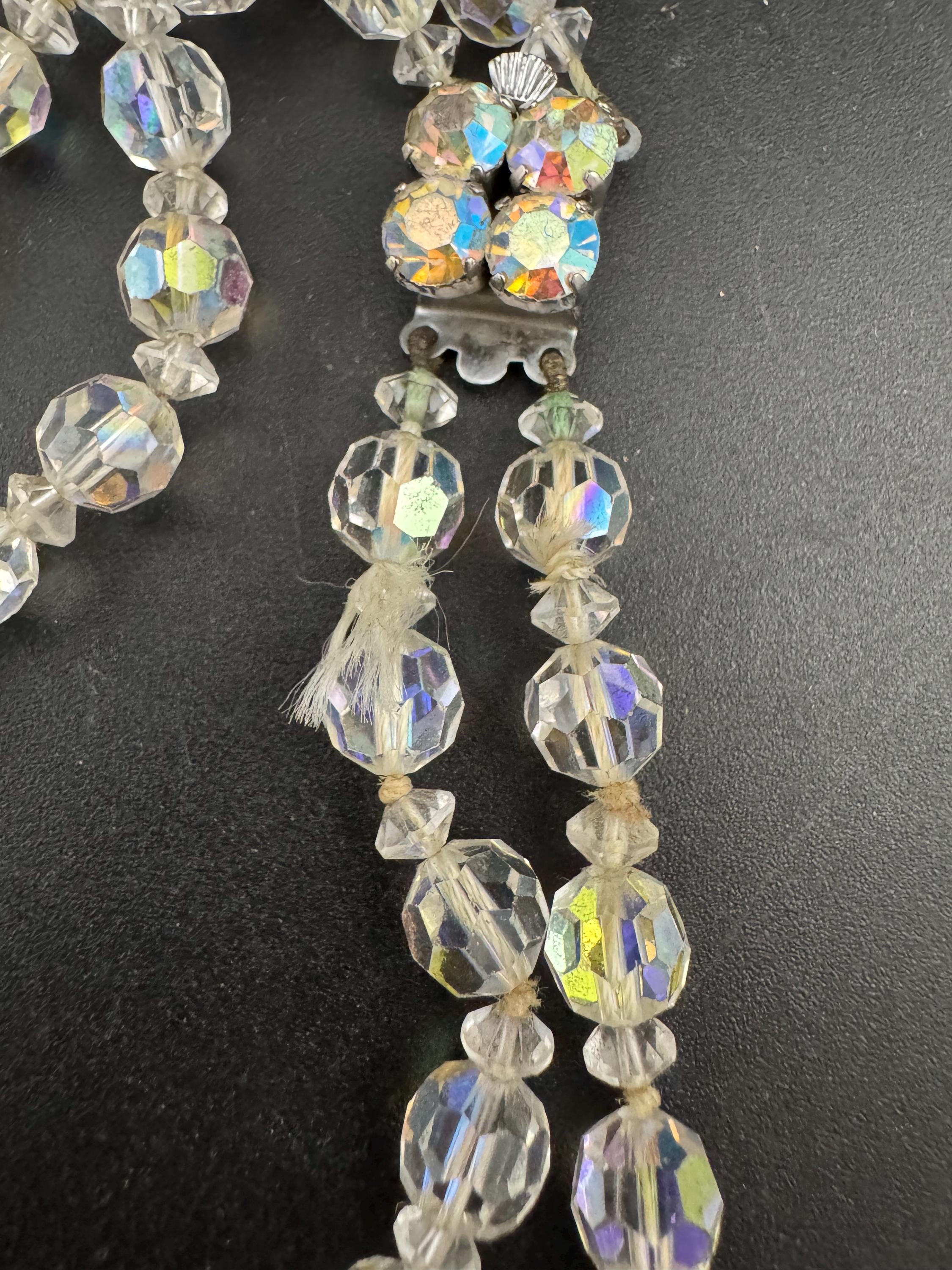 Art Deco clear AB rainbow Aurora borealis glass Crystal 2 row double strand beaded necklace choker festoon mid century