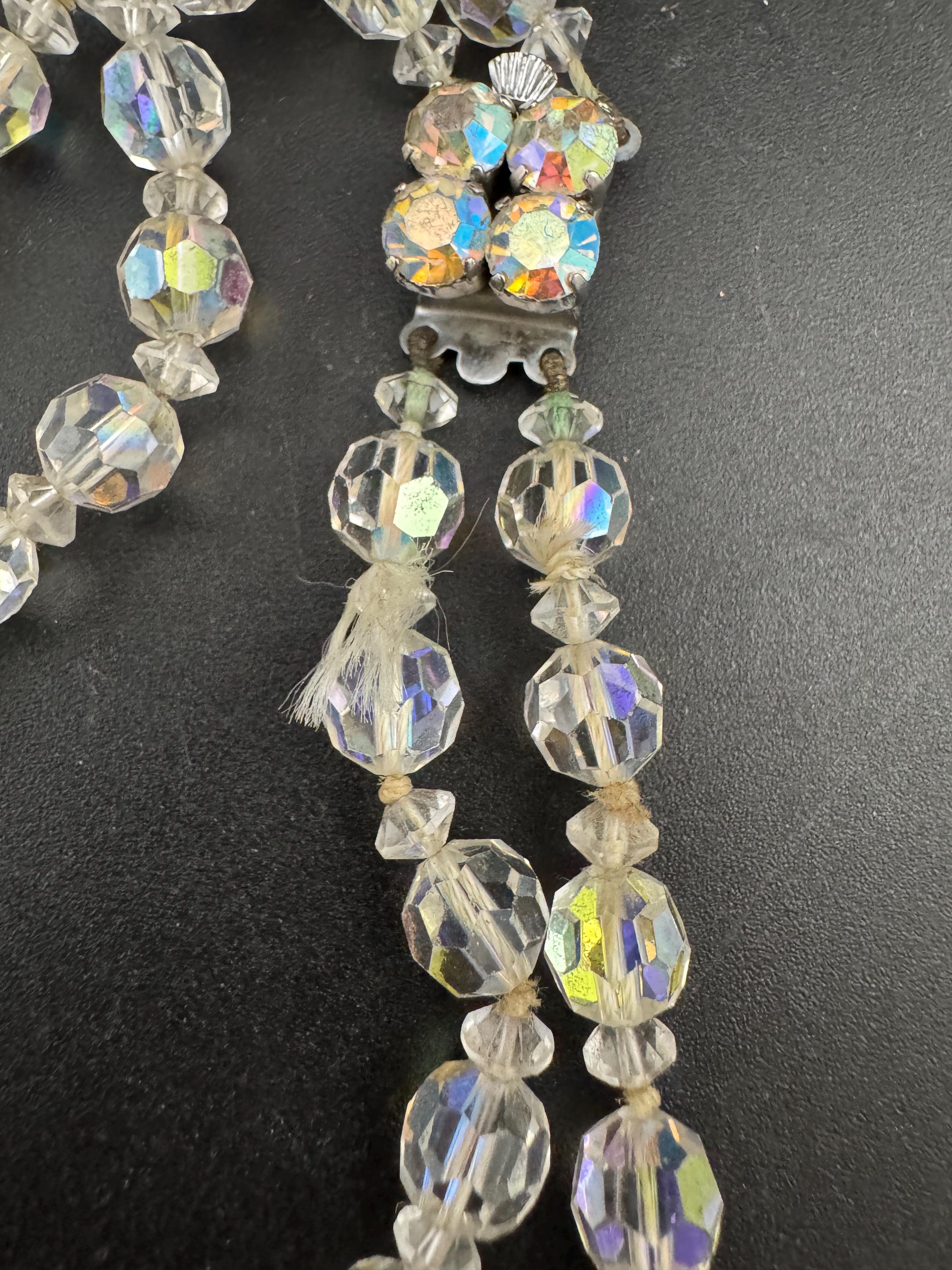 Art Deco clear AB rainbow Aurora borealis glass Crystal 2 row double strand beaded necklace choker festoon mid century
