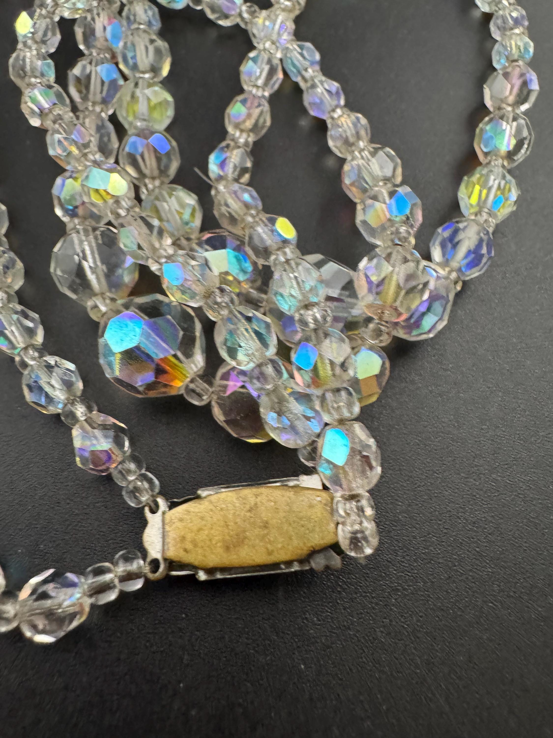 Art Deco clear AB rainbow Aurora borealis glass Crystal 2 row double strand beaded necklace choker festoon mid century