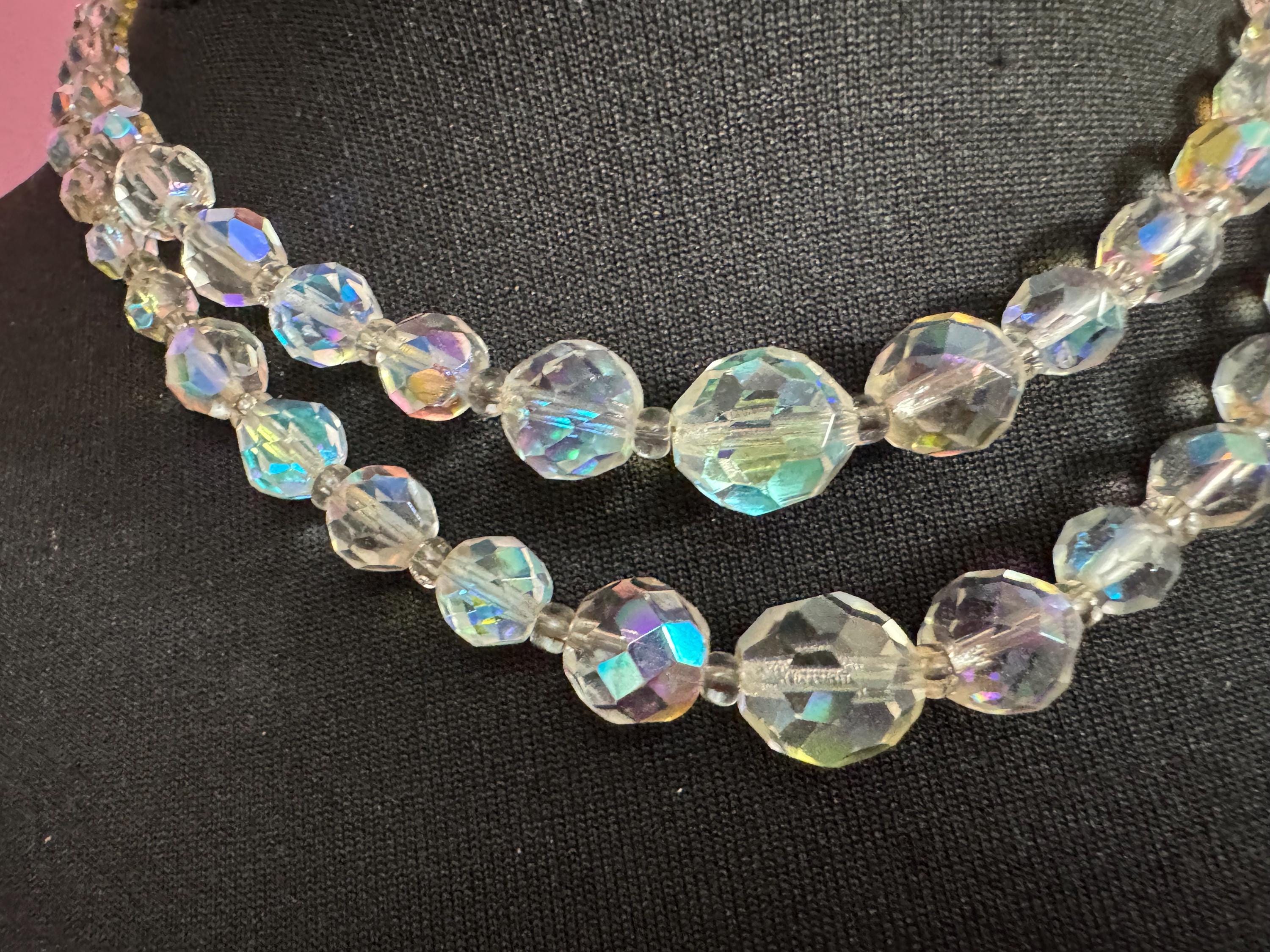 Art Deco clear AB rainbow Aurora borealis glass Crystal 2 row double strand beaded necklace choker festoon mid century