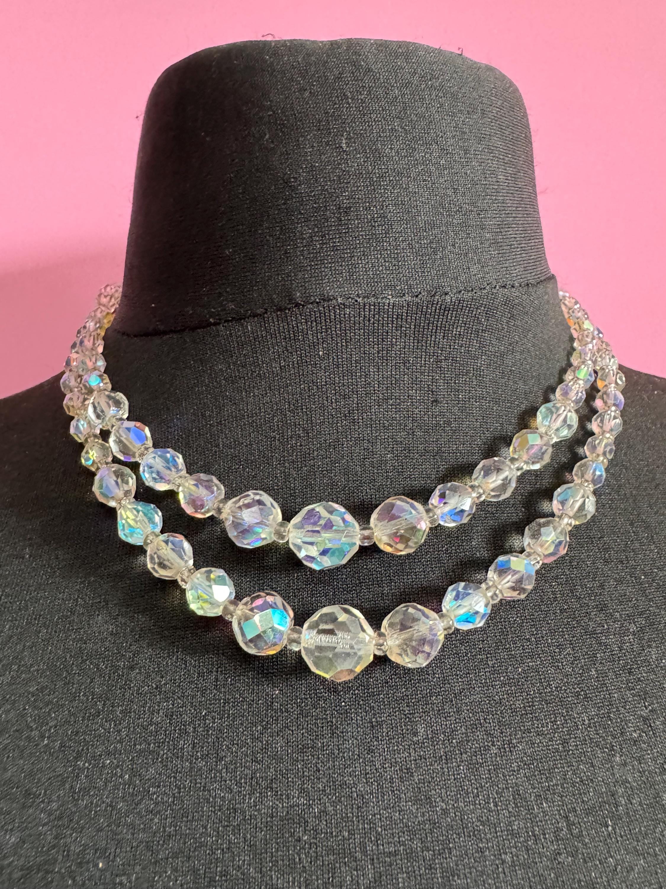 Art Deco clear AB rainbow Aurora borealis glass Crystal 2 row double strand beaded necklace choker festoon mid century