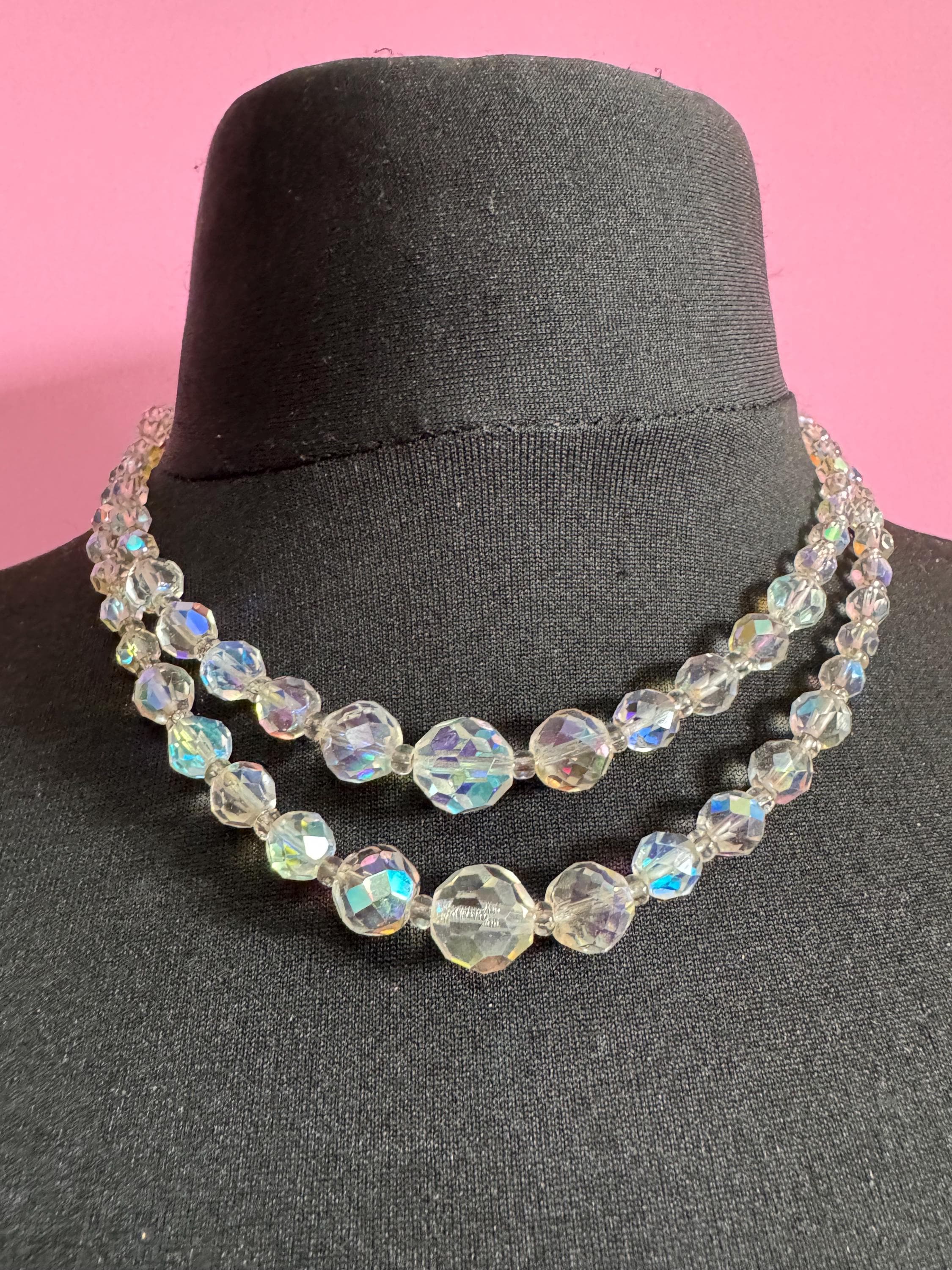 Art Deco clear AB rainbow Aurora borealis glass Crystal 2 row double strand beaded necklace choker festoon mid century