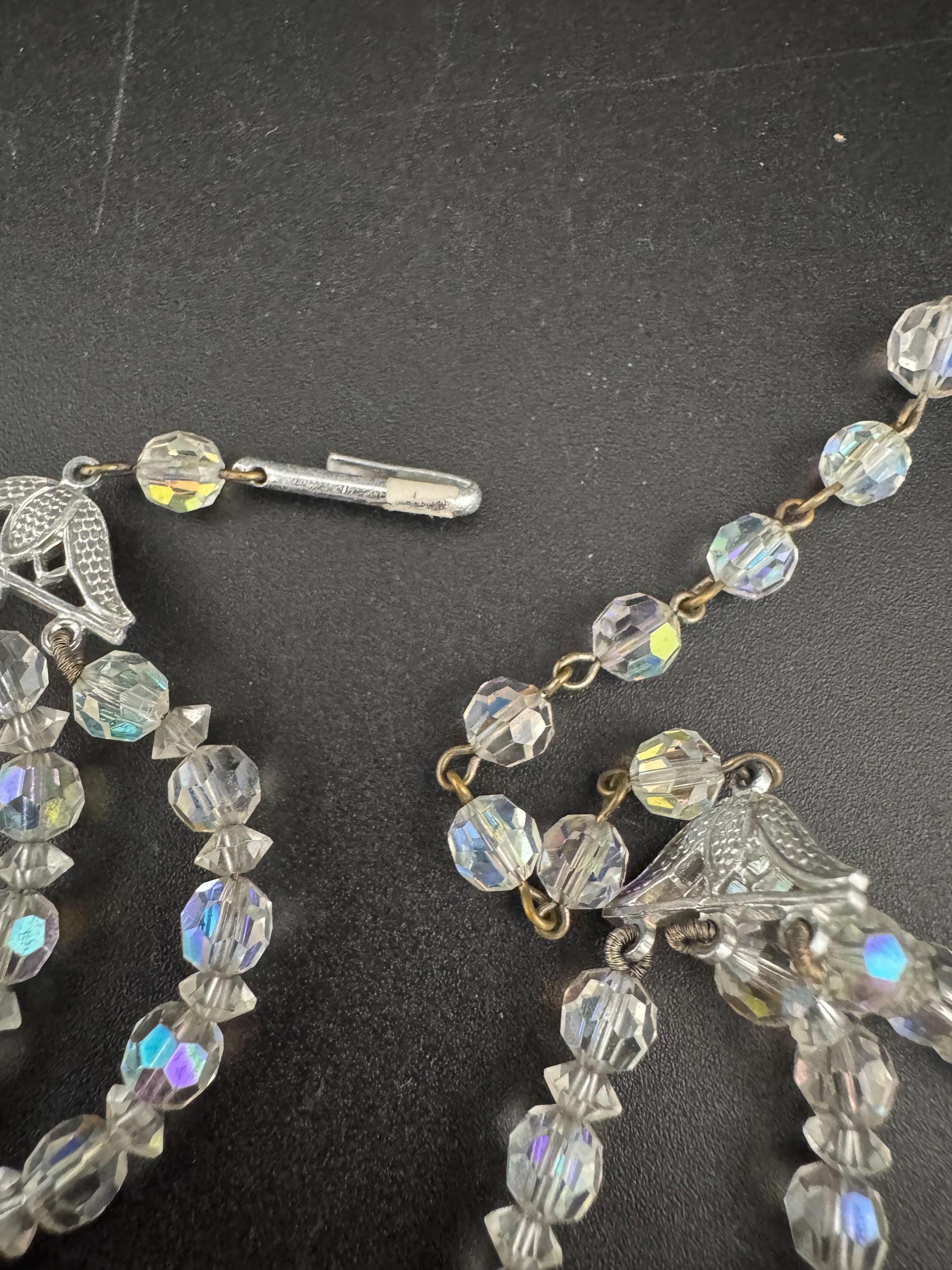 Art Deco clear AB rainbow Aurora borealis glass Crystal 3 row triple strand beaded bead necklace choker festoon waterfall