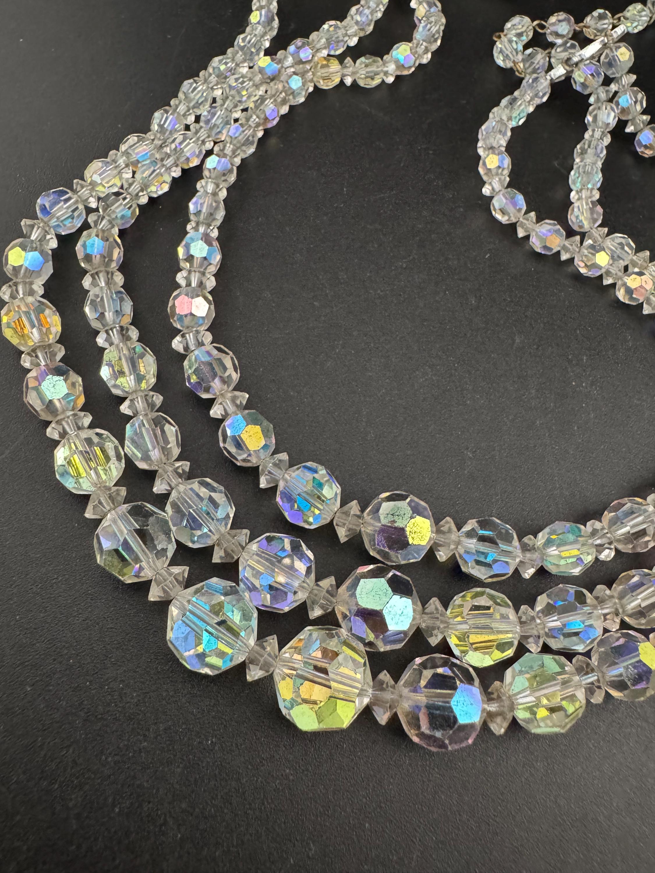 Art Deco clear AB rainbow Aurora borealis glass Crystal 3 row triple strand beaded bead necklace choker festoon waterfall