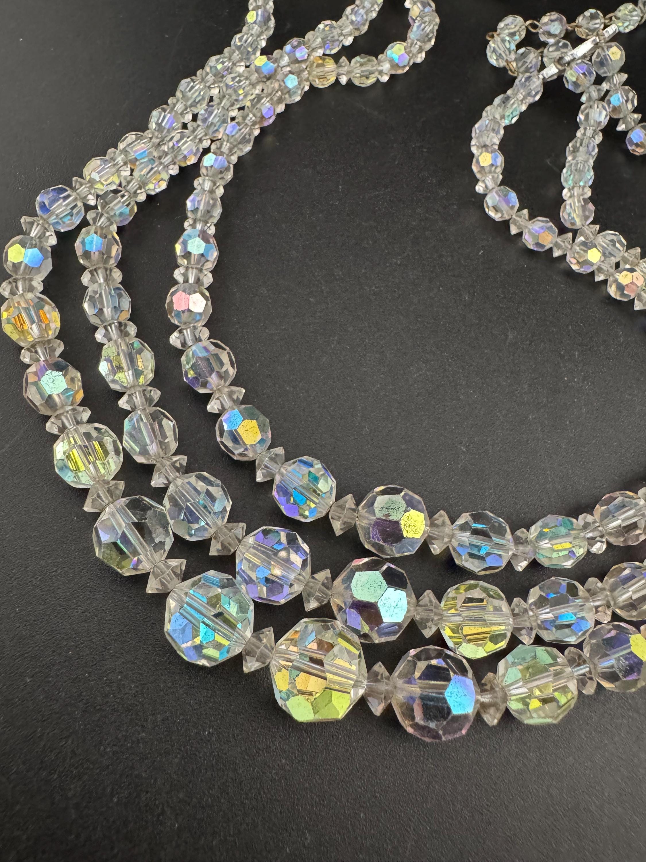 Art Deco clear AB rainbow Aurora borealis glass Crystal 3 row triple strand beaded bead necklace choker festoon waterfall