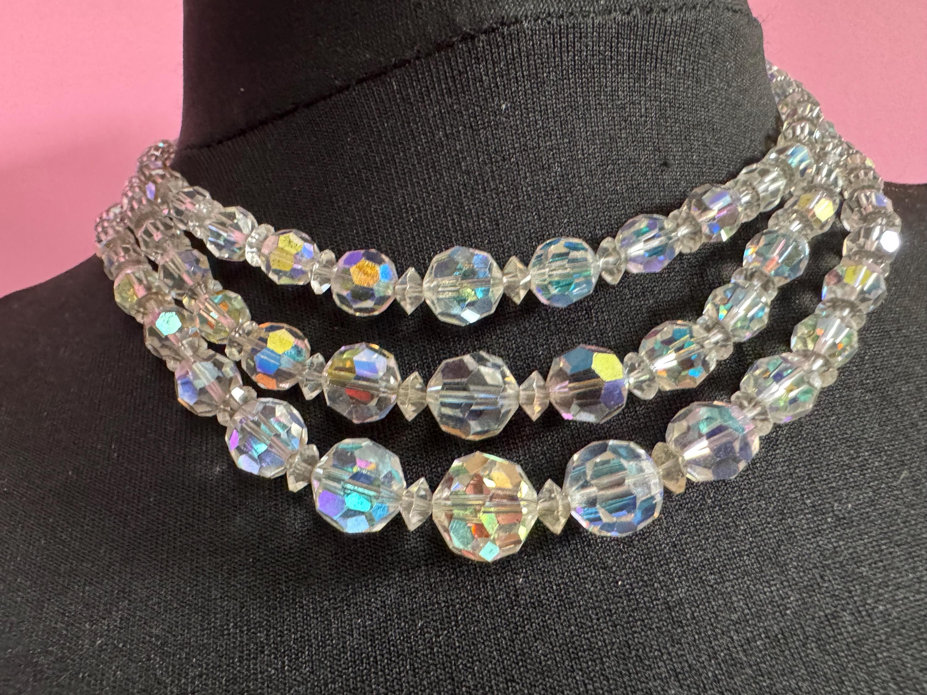 Art Deco clear AB rainbow Aurora borealis glass Crystal 3 row triple strand beaded bead necklace choker festoon waterfall