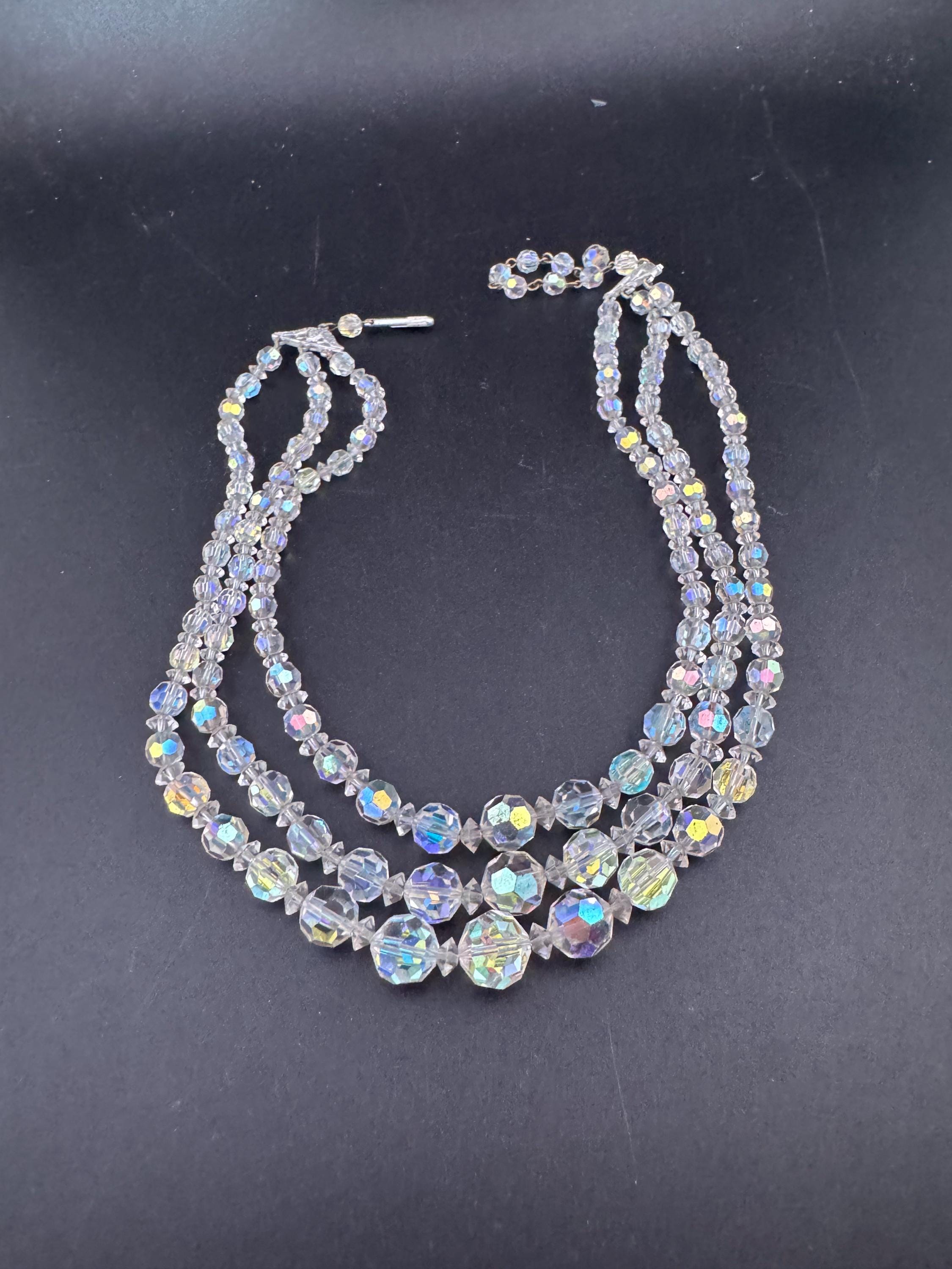 Art Deco clear AB rainbow Aurora borealis glass Crystal 3 row triple strand beaded bead necklace choker festoon waterfall