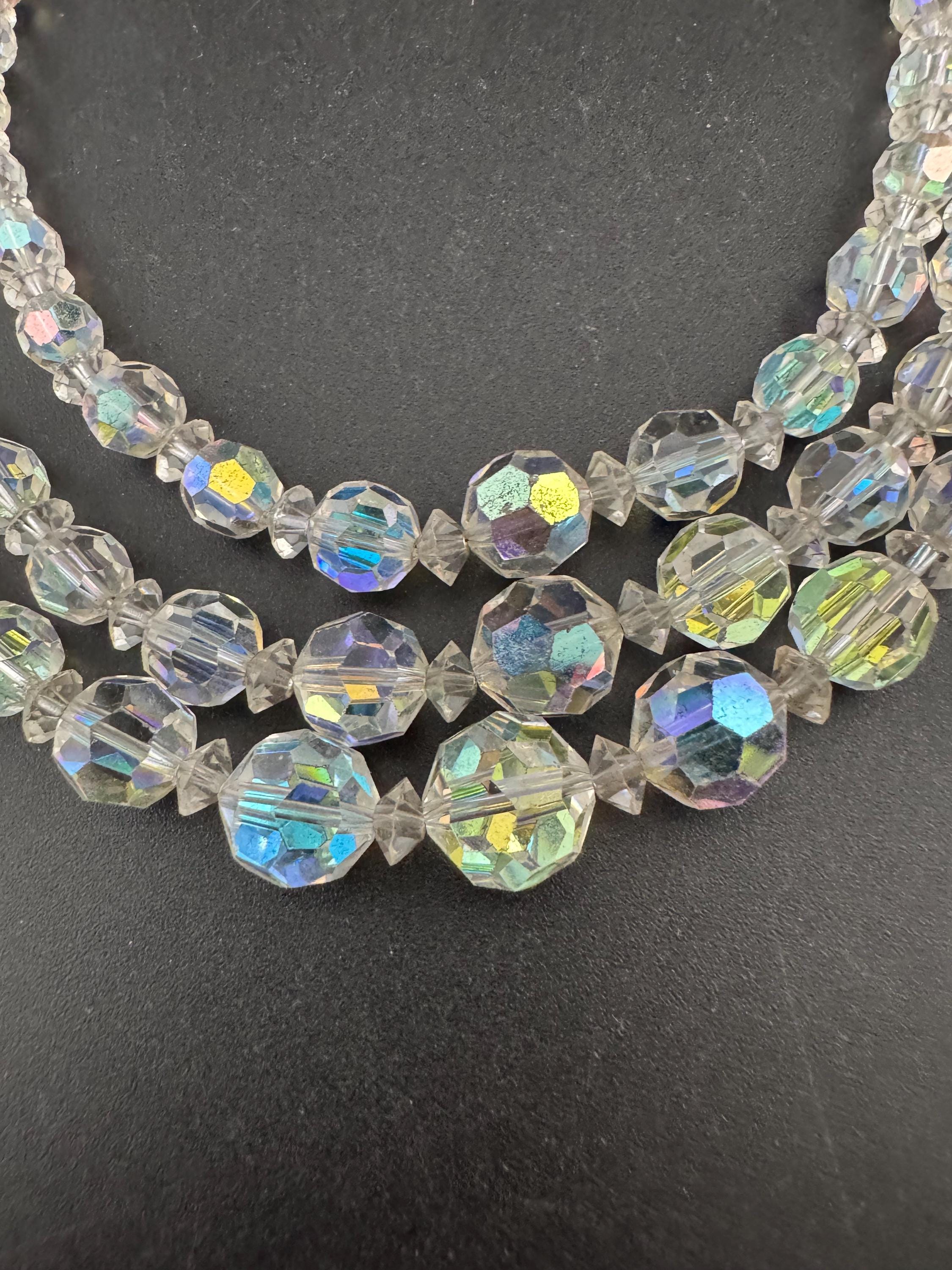 Art Deco clear AB rainbow Aurora borealis glass Crystal 3 row triple strand beaded bead necklace choker festoon waterfall
