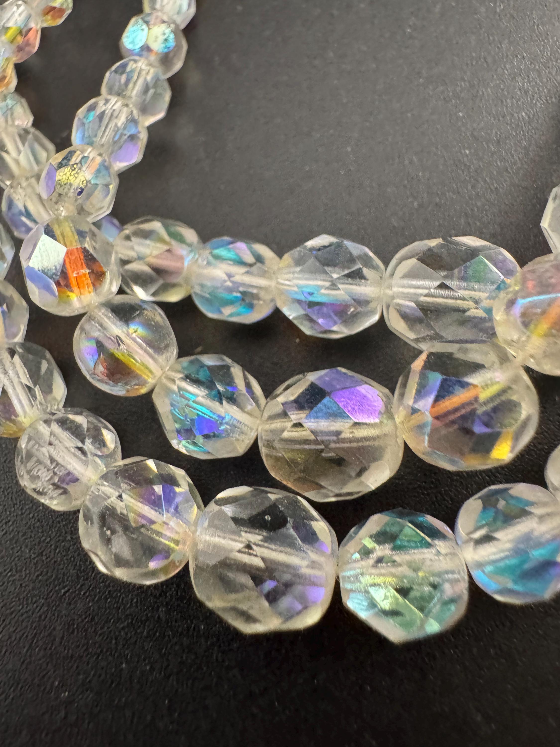 Art Deco clear AB rainbow Aurora borealis glass Crystal 3 row triple strand beaded bead necklace choker festoon waterfall